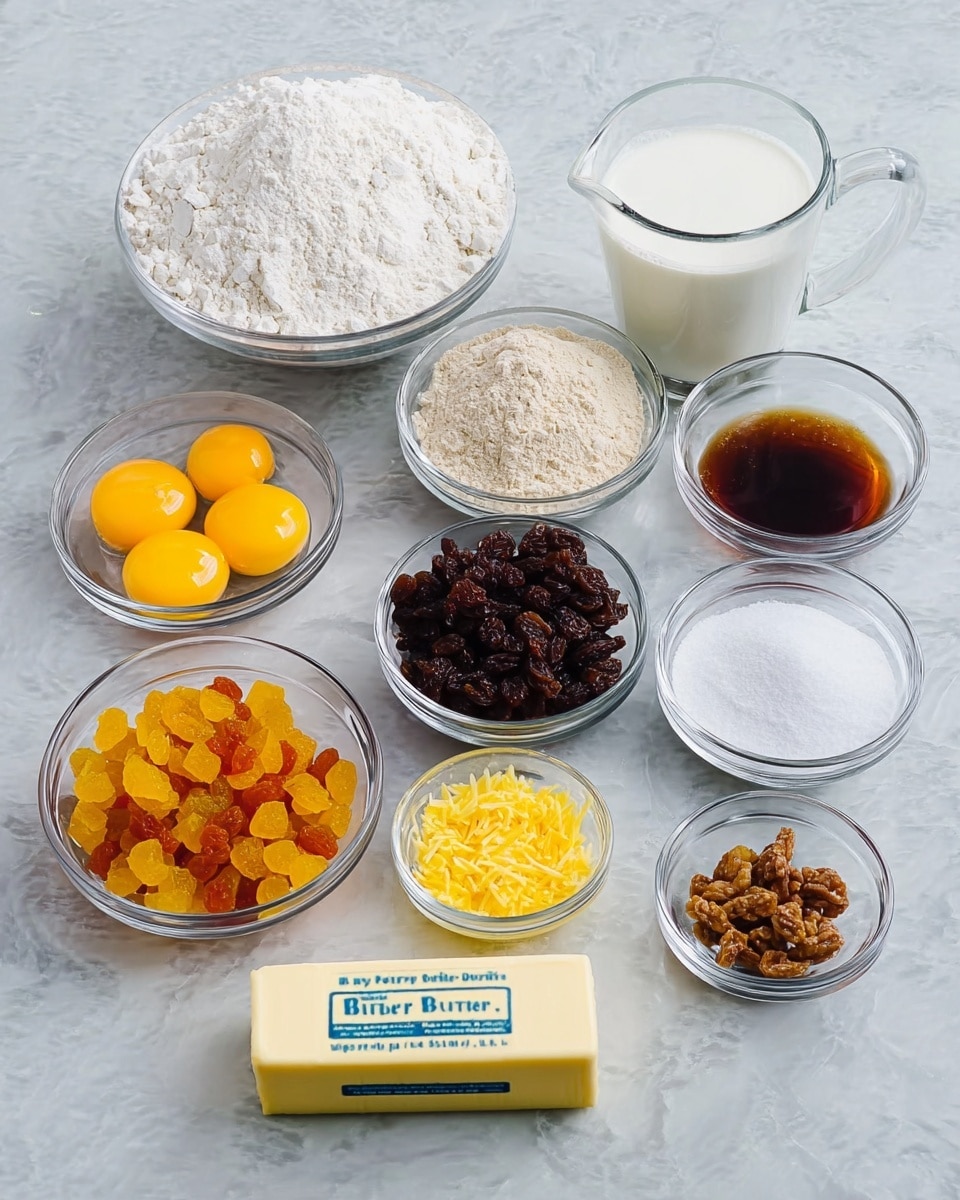 The image shows a top-down view of various baking ingredients arranged neatly on a white marbled surface, with a stick of unsalted butter positioned at the front center, labeled blue on white. Behind the butter, there are small clear glass bowls of different ingredients: three yellow egg yolks in one, bright orange chopped dried fruit in another, dark brown raisins in two separate bowls, white granulated sugar, white salt, light tan dry yeast, and a smaller bowl with yellow lemon zest. A larger bowl of white flour sits behind all these smaller bowls, alongside a clear glass measuring cup filled with white milk. There is also a small clear bowl with a dark brown liquid, likely vanilla extract, and one with a small amount of clear liquid, possibly water. The arrangement is orderly and each ingredient is visible with its texture and color distinct. photo taken with an iphone --ar 4:5 --v 7