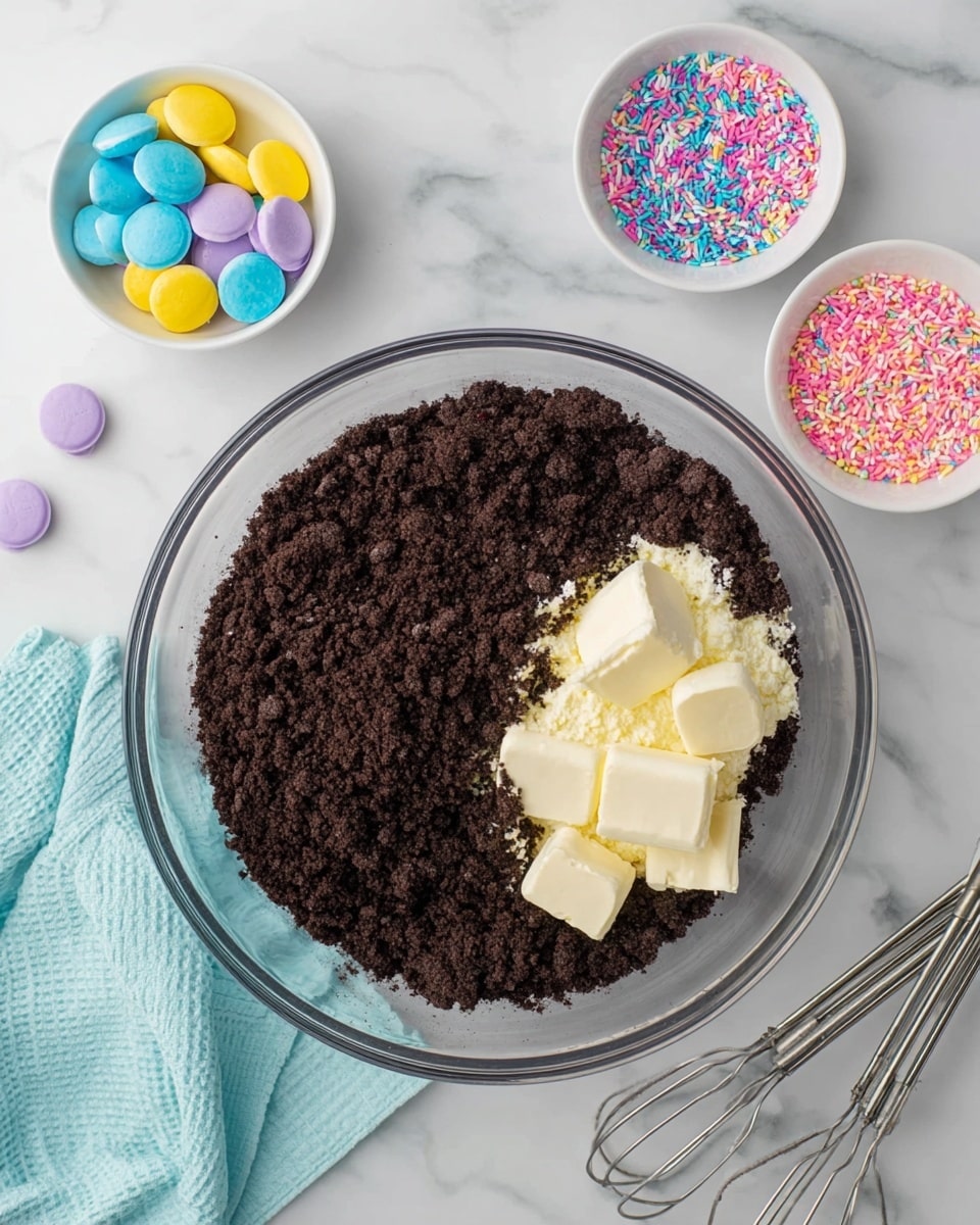 A clear glass bowl sits on a white marbled surface, filled mostly with dark brown crushed cookie crumbs. On top of the crumbs, on one side, are four white creamy blocks of cream cheese. Surrounding the bowl are three small white bowls, each holding colorful candy melts: one with yellow and blue, another with pink and white, and the last with purple. Next to them are three small glass bowls filled with colorful round and stick sprinkles. A light blue cloth is placed near the bottom left corner of the image, and two metal mixer beaters are seen on the bottom right. photo taken with an iphone --ar 4:5 --v 7