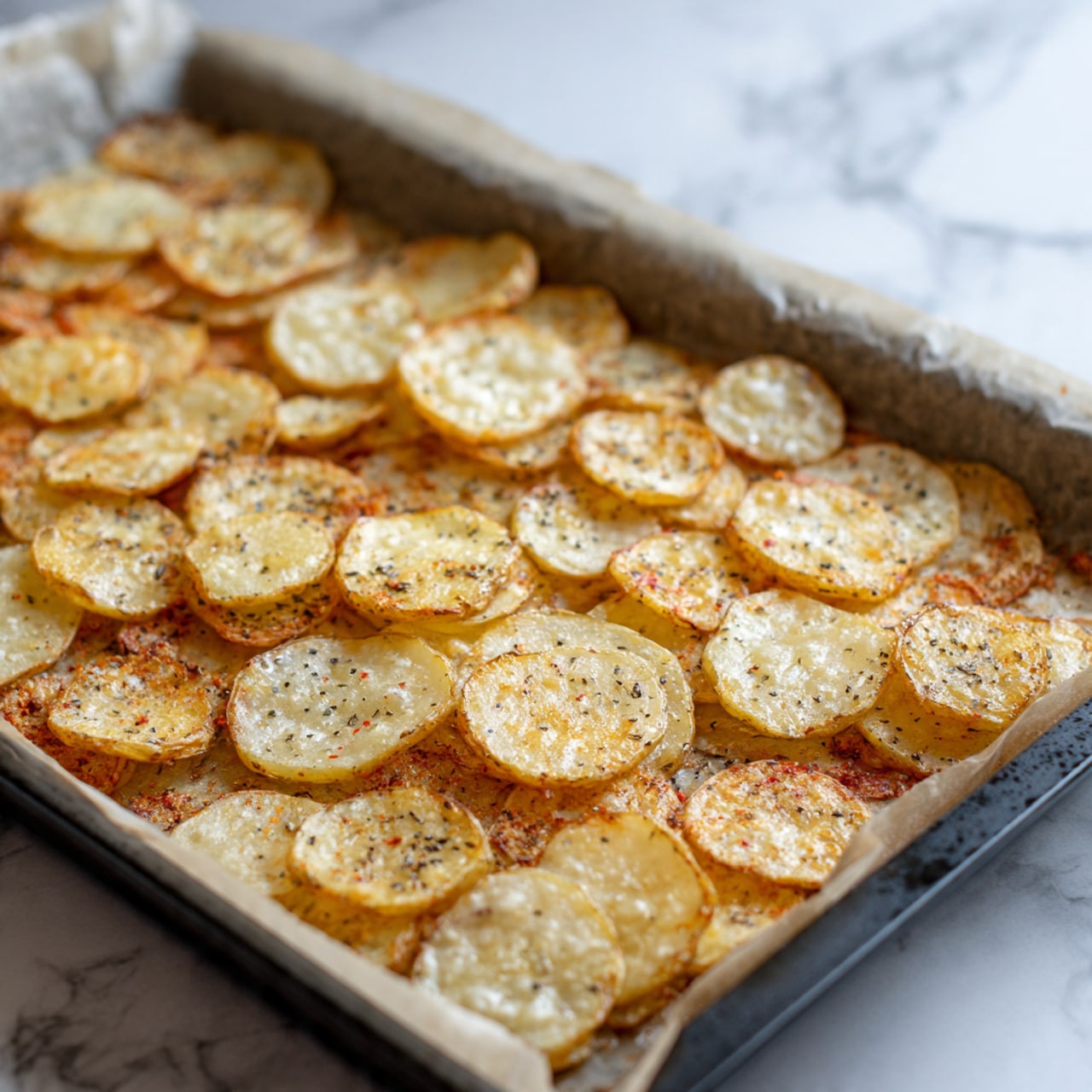 The image shows a baking tray filled with a single layer of thin potato slices, evenly spaced and baked to a light golden brown with some darker brown edges. Each slice has a slightly crispy texture with some small bubbles visible on the surface, and they are lightly sprinkled with black pepper and a reddish seasoning. The tray is lined with parchment paper, and the background features a white marbled texture. photo taken with an iphone --ar 4:5 --v 7