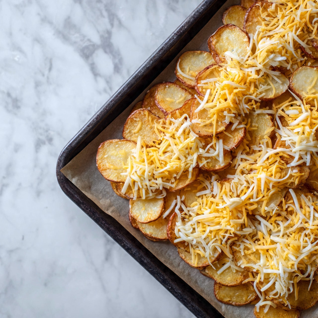 A baking tray lined with parchment paper holds a single layer of golden brown potato slices arranged tightly side by side. On top of the potato slices, there is an even spread of shredded cheese in two colors—light yellow and white—scattered across all the potatoes with some strands falling onto the parchment paper. The tray is placed on a surface with a white marbled texture. photo taken with an iphone --ar 4:5 --v 7
