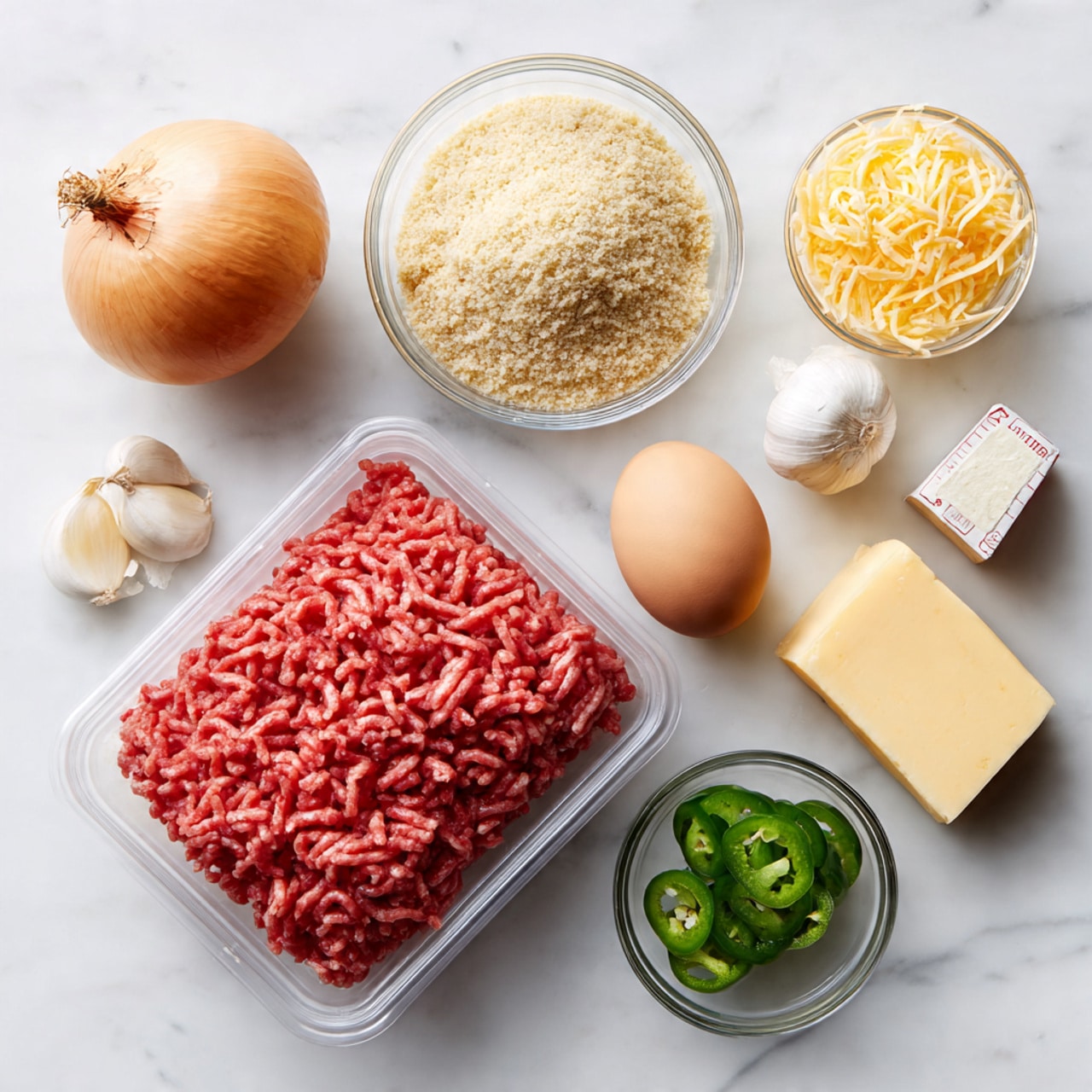 The image shows ingredients laid out on a white marbled surface, each labeled. At the center is a clear plastic tray of raw ground beef with a pinkish-red color and textured strands. To the bottom left is a whole brown onion with smooth skin next to two cloves of garlic. Above the onion is a small white bowl filled with light beige panko breadcrumbs. To the right of the beef is a single brown egg with a smooth shell resting on the surface. Above the egg is a small clear bowl holding green sliced jalapeños with visible seeds. In the top right corner, two rectangular blocks of cheese lie side by side on the surface—the lighter one labeled parmesan and the yellower one labeled cheddar. Next to the cheese is a small wrapped red and white beef stock cube. The overall look is clean and organized, set on a white marbled background photo taken with an iphone --ar 4:5 --v 7