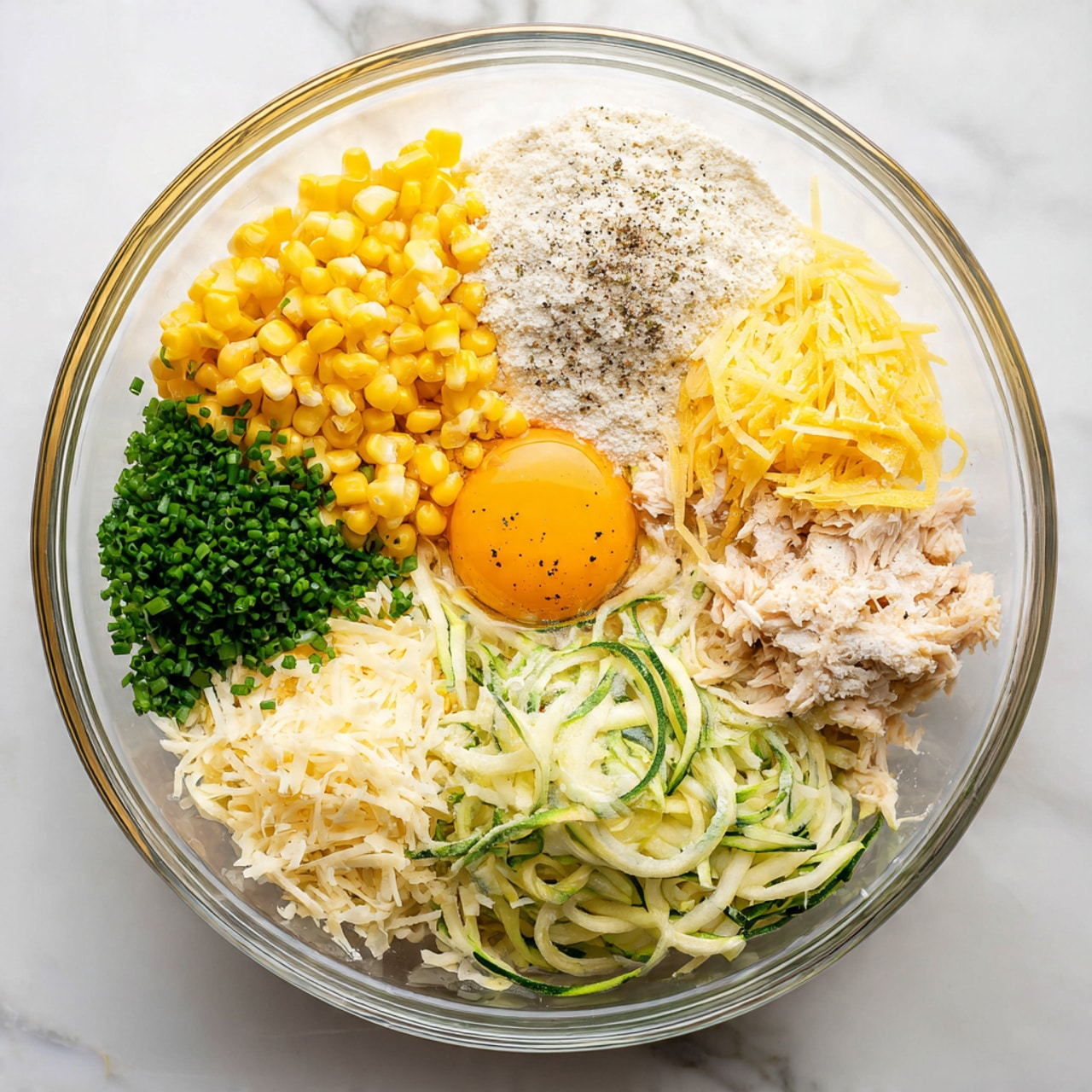 A clear glass bowl sits on a white marbled surface, filled with seven distinct layers of ingredients arranged separately: bright yellow corn kernels on the top left, pale yellow shredded cheese on the top right, light beige flour sprinkled with black pepper in the center, a cracked raw egg with an orange yolk on the right below the cheese, finely chopped green chives next to the egg, shredded light green zucchini below the corn, and shredded light-colored chicken pieces at the bottom center. In the background, lemon wedges sit on the white marbled surface. Photo taken with an iphone --ar 4:5 --v 7