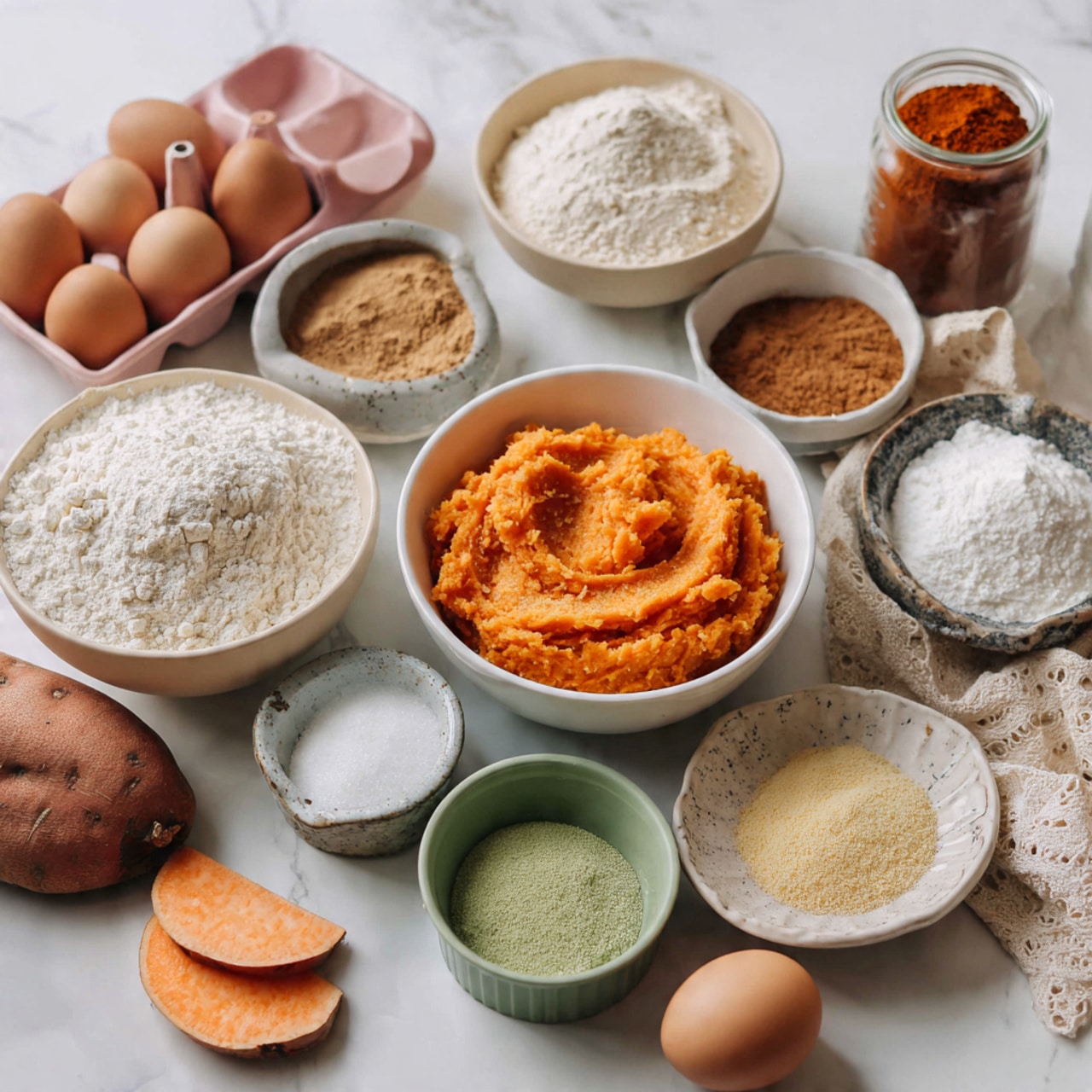 The image shows various baking ingredients arranged neatly on a white marbled surface. In the center, there is a white bowl filled with orange mashed sweet potato. Surrounding it are small bowls and dishes with different powders like white flour in a large beige bowl, brown sugar, and spices with shades of white and brown. There are smooth creamy substances in green and yellow small bowls, and two brown eggs sit in a pink egg tray. Some sweet potato slices and a whole sweet potato add a warm orange color to the scene. A beige kitchen towel holds a glass jar filled with a reddish-orange powder, possibly cinnamon or paprika. Everything is well spaced and presented in clean white and neutral-colored dishes. Photo taken with an iphone --ar 4:5 --v 7