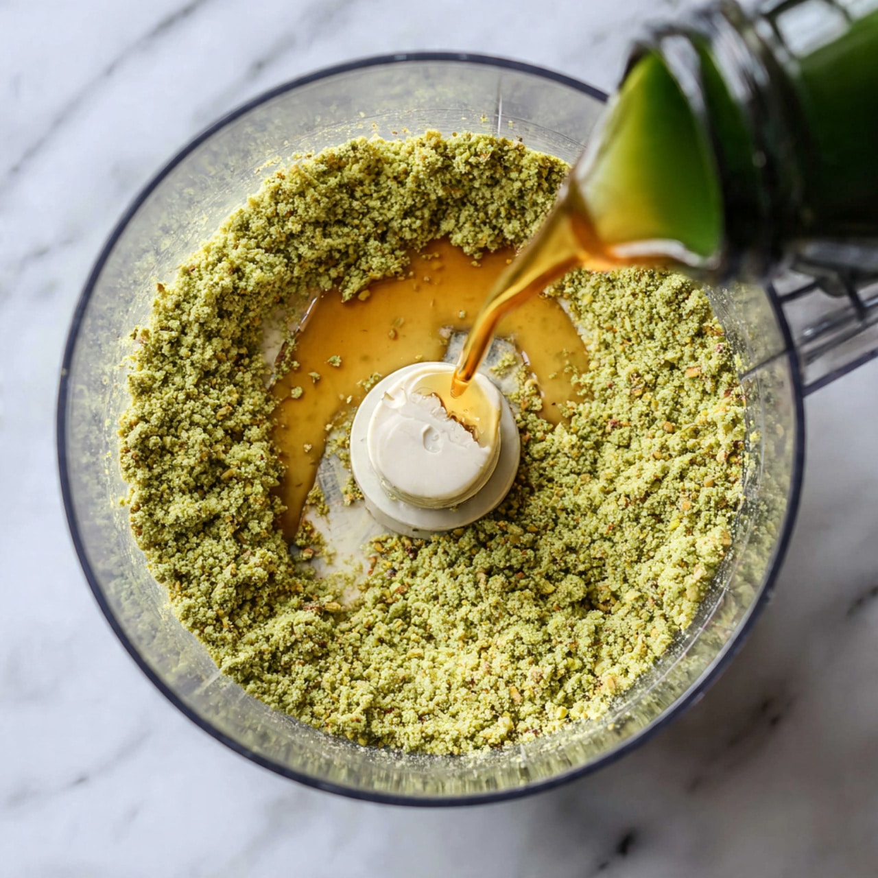 A clear food processor bowl filled with one layer of finely ground green mixture with a crumbly texture, looking slightly uneven on the surface. On the right side, a green glass bottle pours a thin stream of golden liquid onto the mixture. The setup is placed on a white marbled surface. photo taken with an iphone --ar 4:5 --v 7