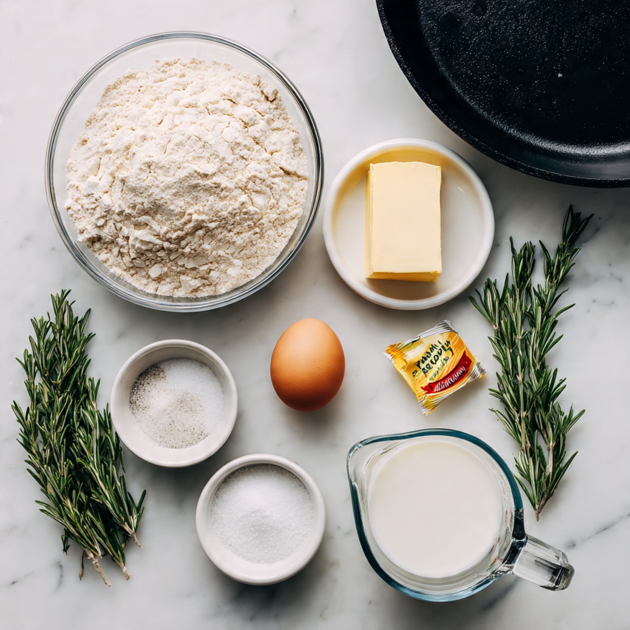 A top-down view of baking ingredients arranged neatly on a white marbled surface, featuring a large clear glass bowl filled with pale beige flour on the left, two small white glass bowls with granulated sugar and salt on the right bottom, a clear glass measuring cup filled with white milk in the center-right, a single brown egg placed near the sugar, a stick of pale yellow butter close to the top center, a small yellow and red packet of dry yeast above the butter, and two fresh green rosemary sprigs lying horizontally near the egg, all set beside a black cast iron skillet at the top of the image photo taken with an iphone --ar 4:5 --v 7