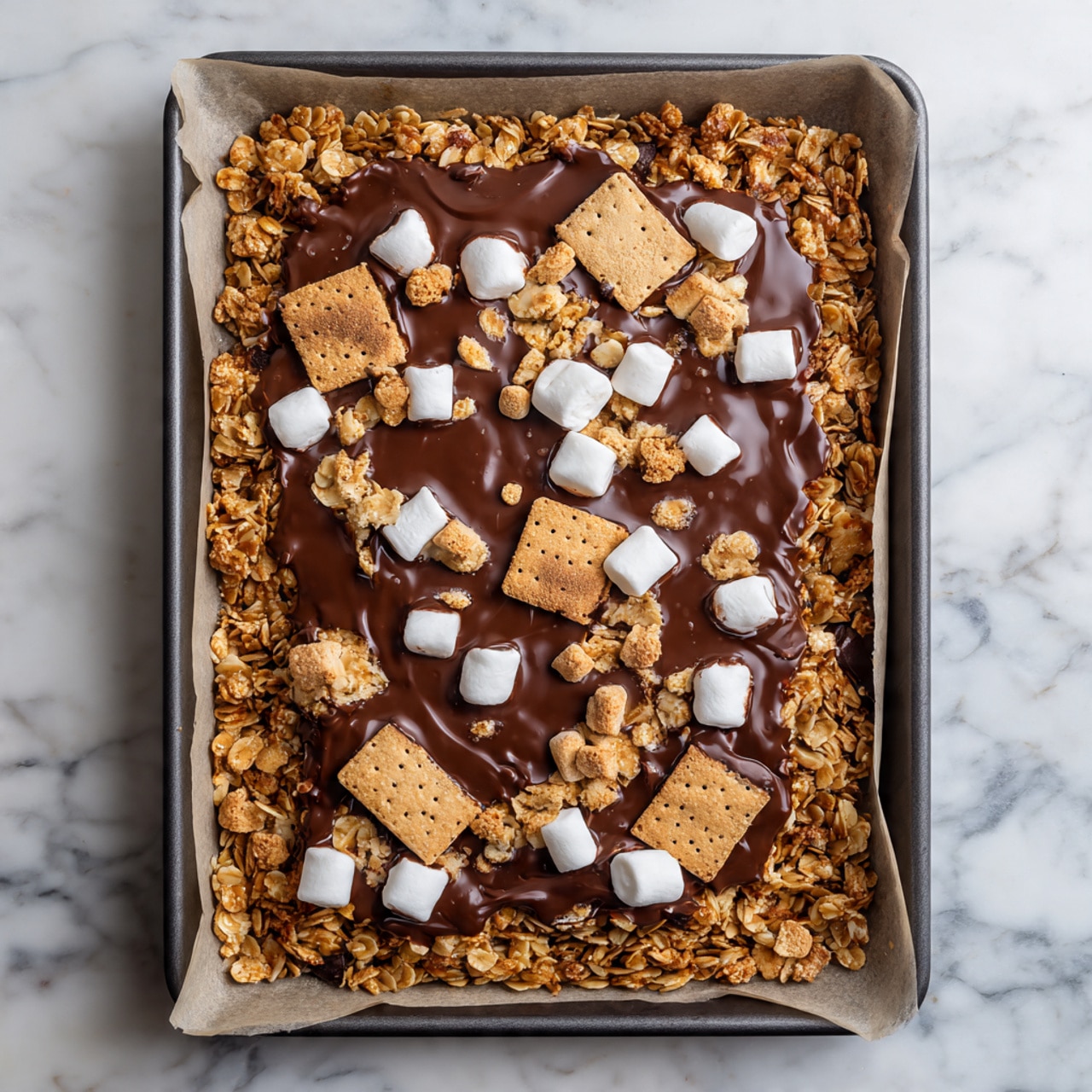 A rectangular baking tray lined with parchment paper holds three visible layers of ingredients. The bottom layer is golden brown granola spread flat across the entire tray, with varied oat shapes and small nut pieces showing a rough, crunchy texture. On top of the granola, a glossy, smooth layer of melted milk chocolate covers most of the surface unevenly, leaving some granola edges visible. Scattered on the chocolate are small white marshmallows and broken light brown graham cracker pieces arranged loosely, adding contrast in color and texture. The whole scene is placed on a white marbled surface. Photo taken with an iphone --ar 4:5 --v 7