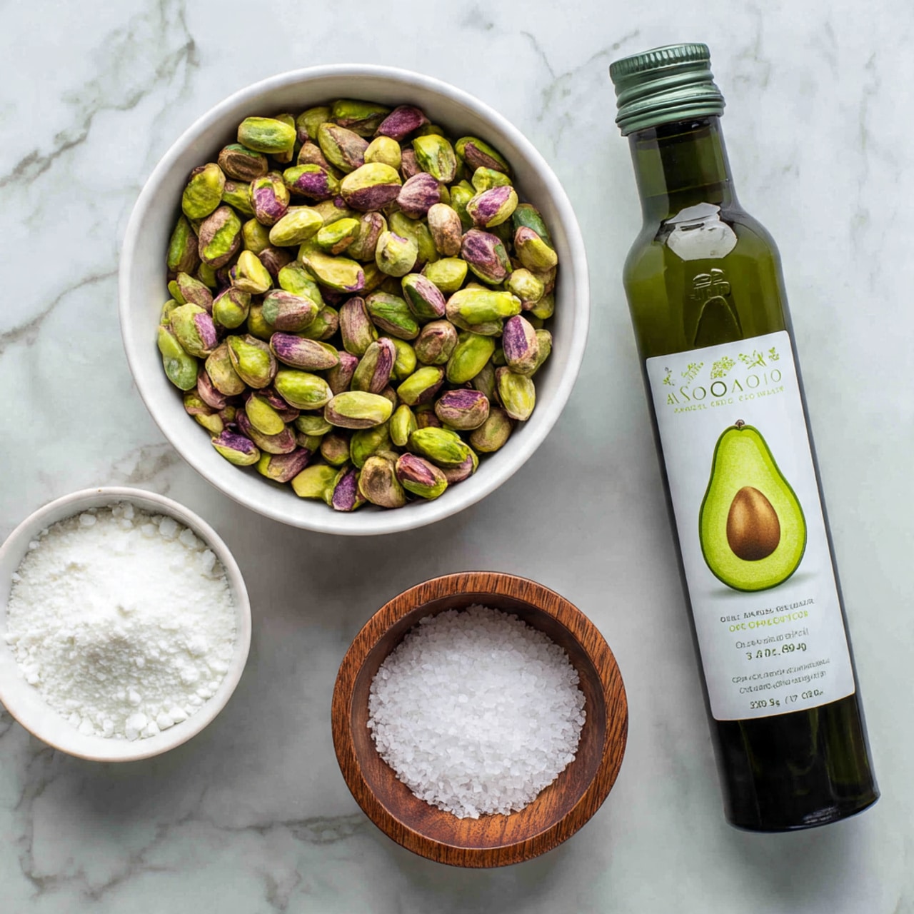 The image shows four items arranged on a white marbled texture. On the top right, there is a dark green bottle of avocado oil with a white label featuring a green avocado illustration. In the center, there is a white bowl filled with shelled pistachio nuts that are green and purple in color, covering the bowl evenly. To the left of the bowl, there is a small white bowl filled with white powder, and below it, there is a small wooden bowl filled with coarse white salt. photo taken with an iphone --ar 4:5 --v 7