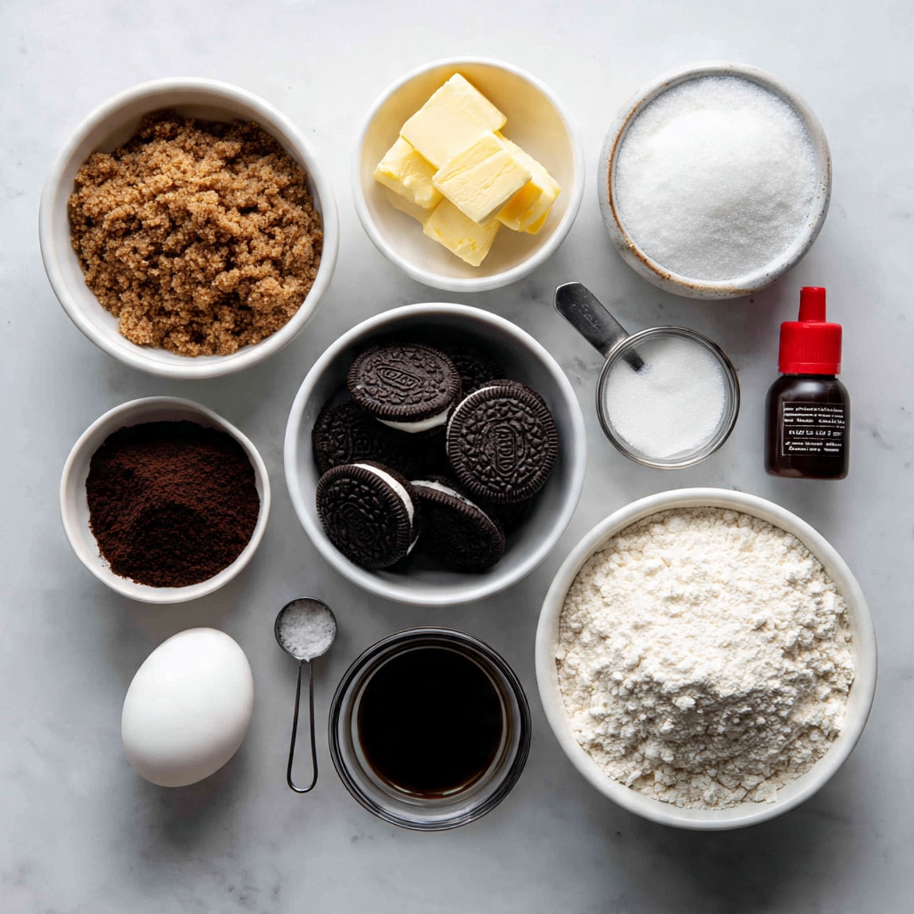 A flat lay shows ingredients arranged on a white marbled surface. Five white bowls hold different contents: one with light brown, crumbly brown sugar in the upper left, one with yellow, soft unsalted butter to the right center, one with crushed dark Oreo cookies with white filling on the left center, one with white all-purpose flour filled almost to the top at bottom right, and one with dark brown cacao powder at bottom left. A small clear bowl at the top center contains white baking soda powder, while another clear bowl below it holds a dark brown liquid vanilla extract. A white egg rests near the vanilla bowl. A metal measuring cup filled with white granulated sugar sits to the upper right. A small metal measuring spoon with white salt is near the butter bowl on the right. At the very bottom center, a dropper bottle with red food coloring lies flat. Each ingredient has a black text label placed near it. Photo taken with an iphone --ar 4:5 --v 7