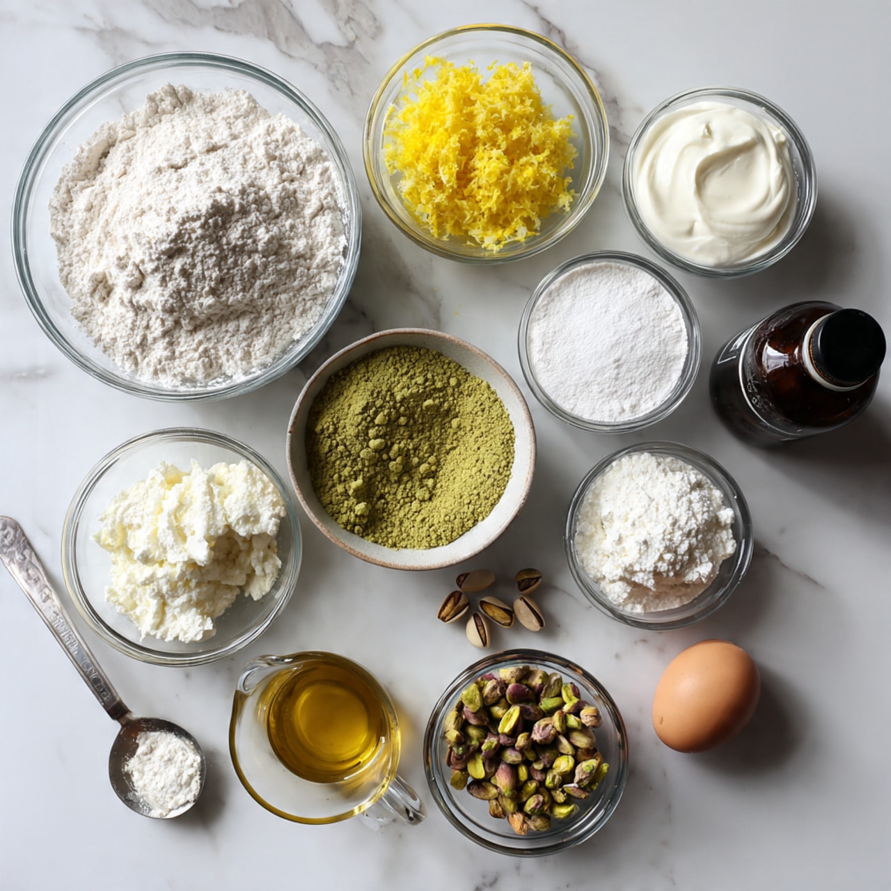 The image shows several clear glass bowls and a glass measuring cup arranged on a white marbled surface, each holding a different baking ingredient. There is a large bowl filled with white flour in the bottom left, a cup with a green powder in the center, and a bowl with bright yellow lemon zest above it. To the right are two small bowls, one with a thick white cream and the other with two white powders. Above is a bowl with white milk and another small bowl filled with crushed pistachios. Near the bottom right sits a brown egg and a dark bottle with a black cap, while a glass measuring cup filled with golden liquid sits bottom left. The overall arrangement is neat with ingredients clearly separated photo taken with an iphone --ar 4:5 --v 7