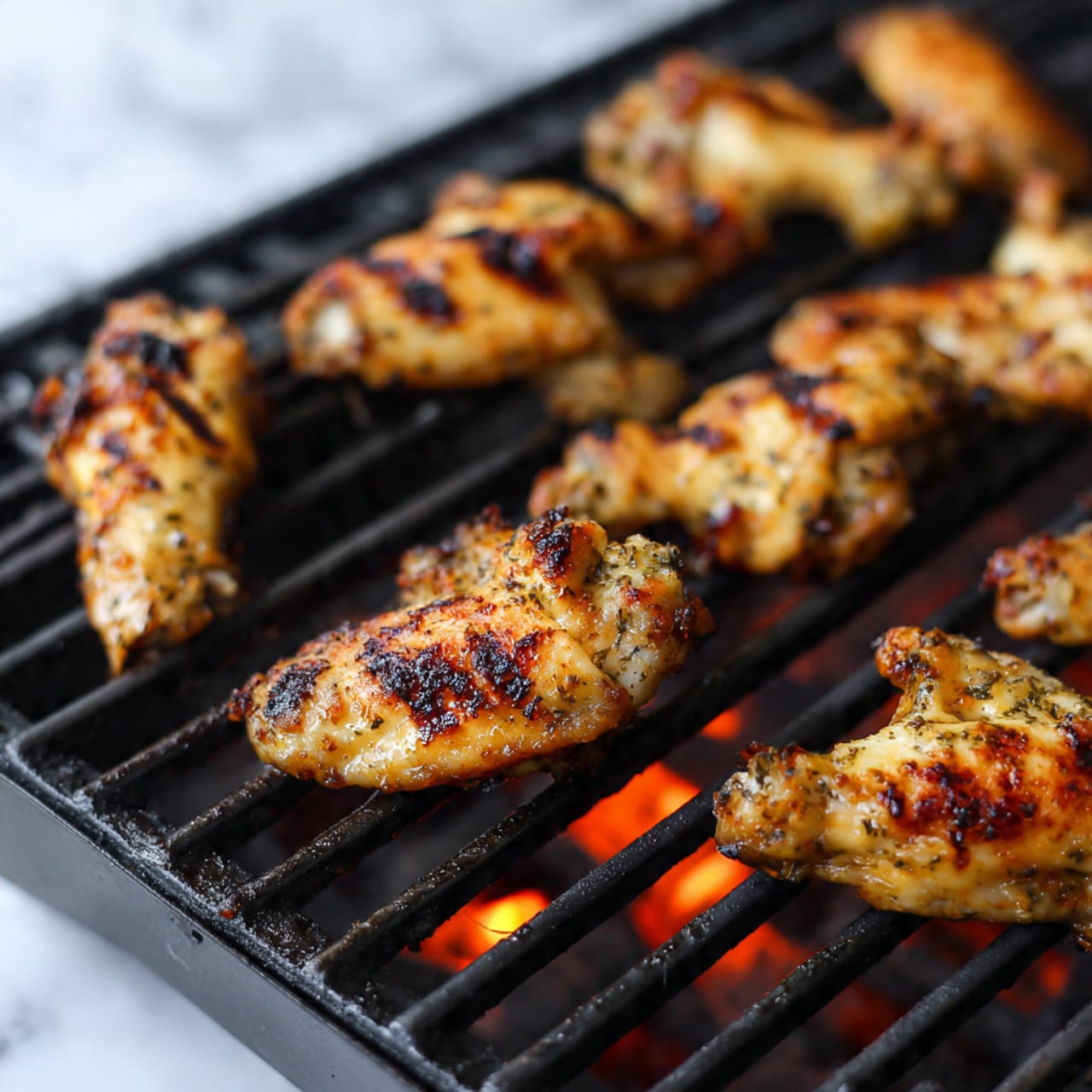 Chicken wings are placed on a black grill with orange flame below. The wings show a light orange sauce coating, with some areas appearing shiny and moist, while the texture of the grilled skin is smooth and slightly charred in some spots. The wings are arranged unevenly across the grill bars, showing different angles and sizes, with no other items in the frame. The background is a white marbled texture. photo taken with an iphone --ar 4:5 --v 7