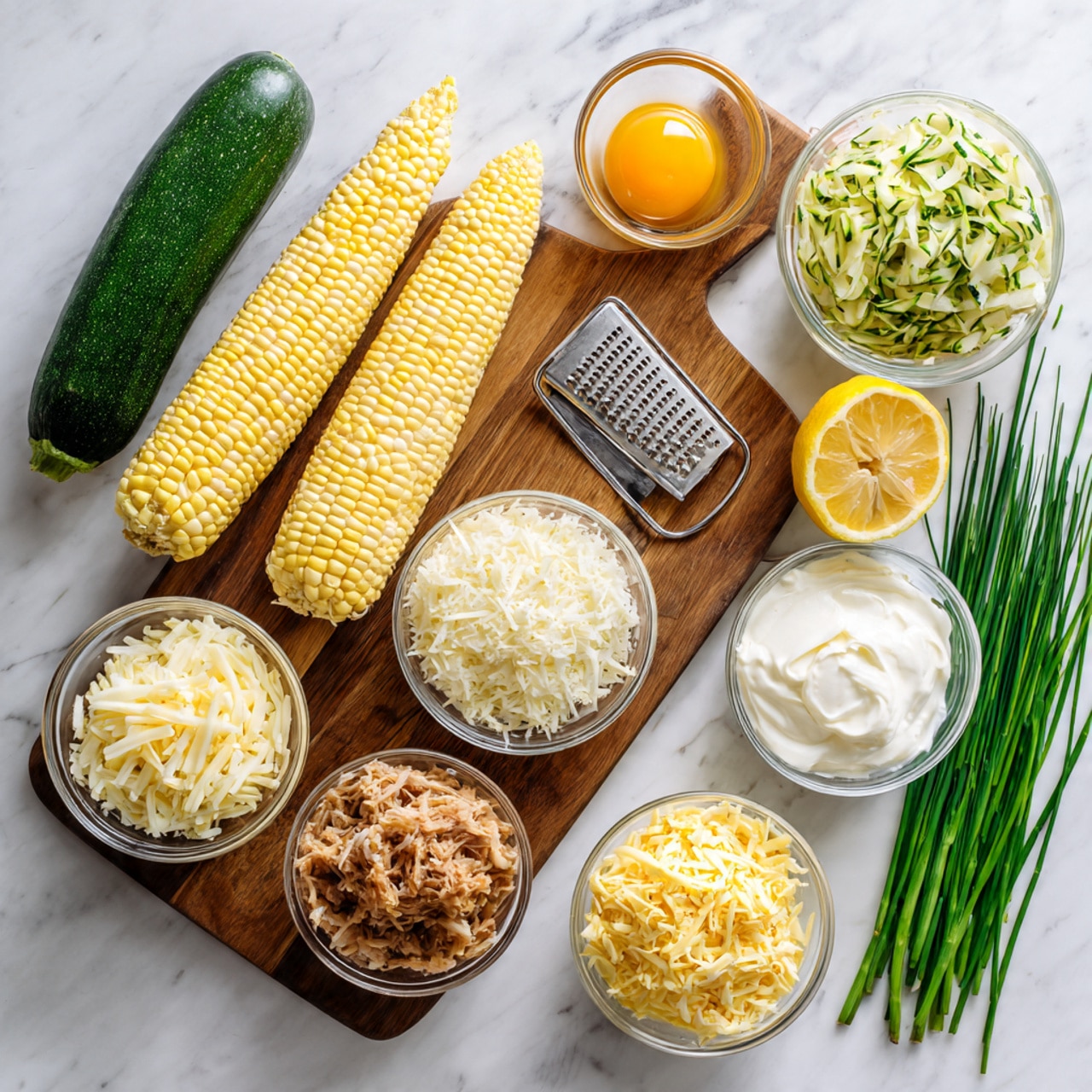 A wooden board on a white marbled surface holds ingredients including two yellow and white corn cobs, half a dark green zucchini with shredded zucchini beside it, and a metal grater. Next to the board are two lemon halves with bright yellow inner sections and a small glass bowl with a cracked egg showing its orange yolk and clear white. Surrounding these are several clear glass bowls filled with shredded white cheese, grated light yellow cheese, shredded light brown cooked meat, finely grated pale yellow ginger, and creamy white sour cream. Long green chives lie beside the bowls, all arranged neatly on the white marbled surface. Photo taken with an iphone --ar 4:5 --v 7