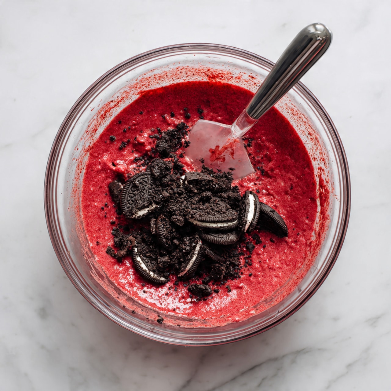 A clear glass bowl sits on a white marbled surface, filled with a thick, bright red batter spread evenly inside. On top of the batter, there is a pile of broken black and white sandwich cookies, scattered mostly in the center. A transparent spatula with some red batter on its edge rests inside the bowl, partially touching the batter near the cookies. The colors contrast with the bright red batter and the dark brown cookies with white filling. Photo taken with an iphone --ar 4:5 --v 7