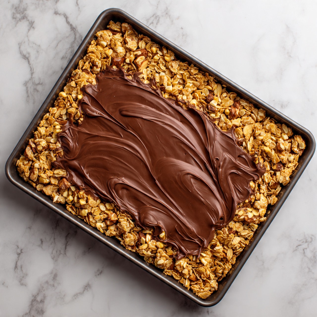 A rectangular baking tray holds a base layer of golden brown granola with visible oats and nuts, spread evenly and slightly spilling over the edges. On top of the granola is a smooth, thick layer of dark chocolate covering almost the entire surface with gentle swirls and glossy shines showing its creamy texture. The tray is placed on a white marbled surface. photo taken with an iphone --ar 4:5 --v 7