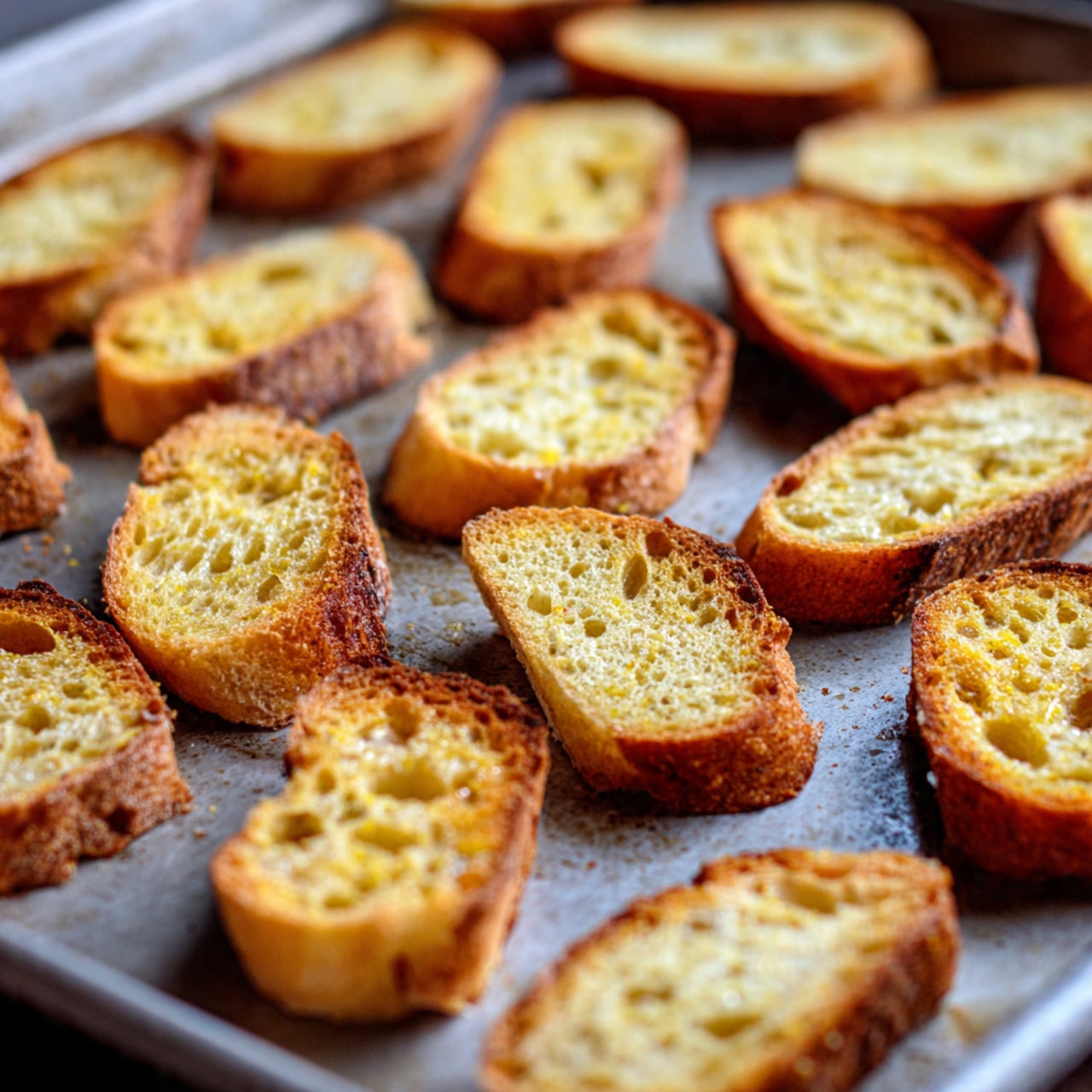 The image shows many small, golden-brown toasted bread slices spread out on a slightly worn metal baking tray, each slice with a crisp texture and light browning. A woman's hand with two simple rings gently rubs a clove of garlic over one toast, adding a natural, warm touch to the scene. The toasts have uneven shapes with some holes and a crunchy look, all resting on the cool metal tray surface. photo taken with an iphone --ar 4:5 --v 7