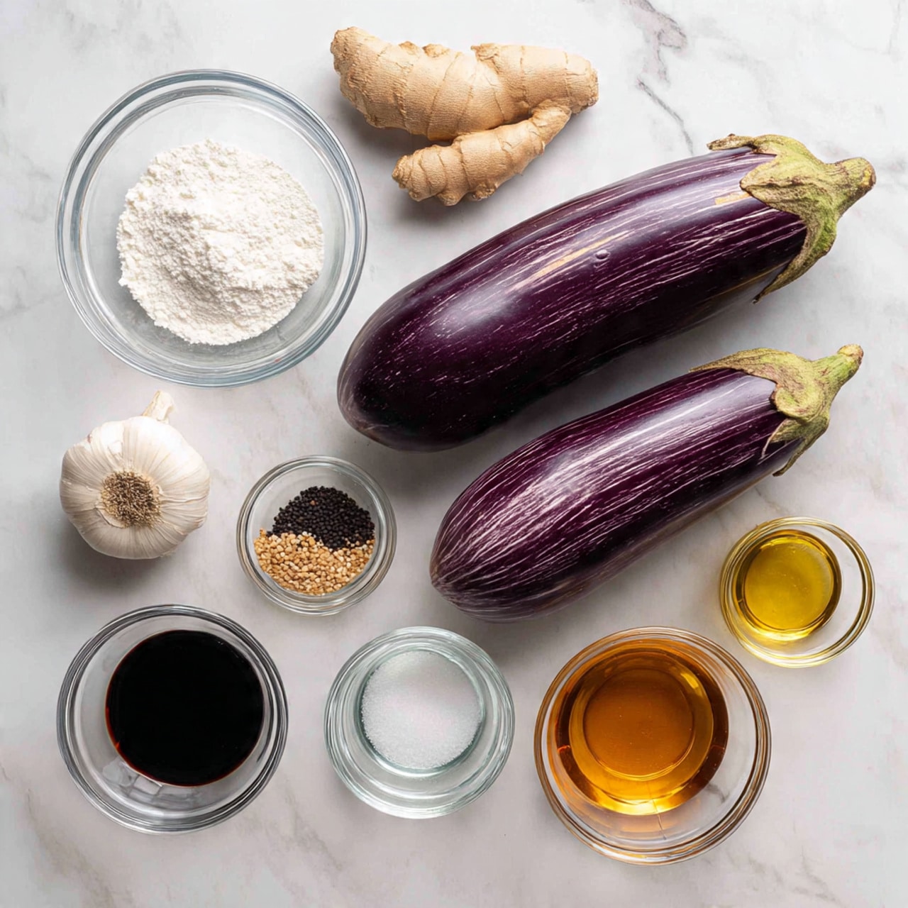 Two eggplants are placed on a white marbled surface, one is dark purple and smooth, the other is light purple with white stripes and a rough texture. Around them are several small clear glass bowls holding different ingredients: white powder labeled cornstarch on the top left, coarse black pepper in the bowl next to cornstarch, and golden sea salt on the top right. There is a small piece of light brown ginger root and a bulb of garlic next to the dark purple eggplant. Below are three more clear glass bowls: one with dark liquid labeled light soy sauce, one with white cornstarch powder, and one with clear water. A bowl with amber-colored sesame oil is next to the water. All items are neatly arranged on the white marbled surface. photo taken with an iphone --ar 4:5 --v 7