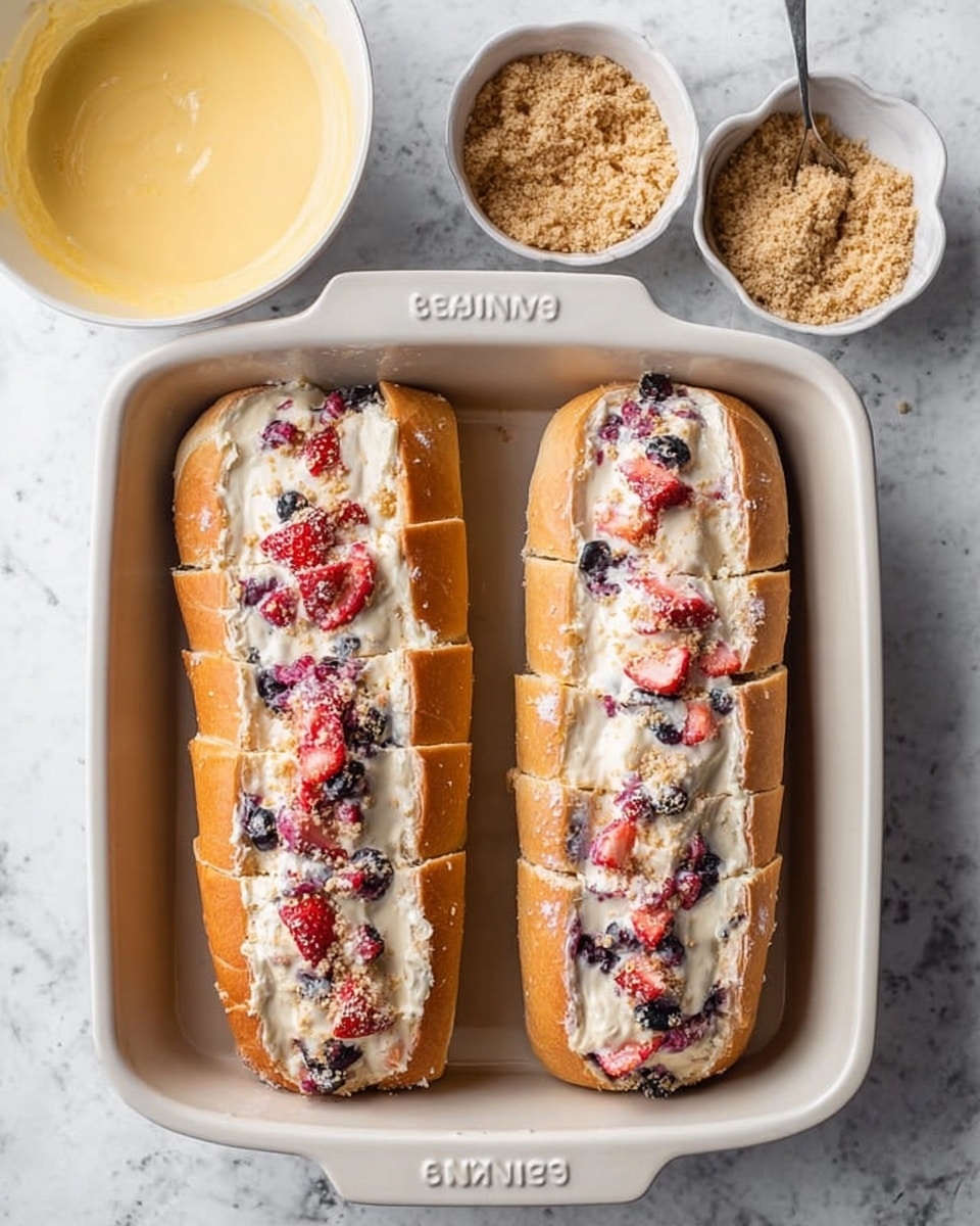 Two long loaves of sliced bread are placed side by side inside a white rectangular baking pan. Each slice is spread with creamy white filling that is mixed with small pieces of red strawberries and dark blueberries, visible between the slices. The outside of the bread is light golden brown with a soft texture. Next to the pan on the white marbled surface, there is a white bowl filled with a yellowish mixture that looks like eggs and milk, and nearby is a small white bowl containing crumbly light brown sugar. The scene shows ingredients and preparation for a dessert. Photo taken with an iphone --ar 4:5 --v 7