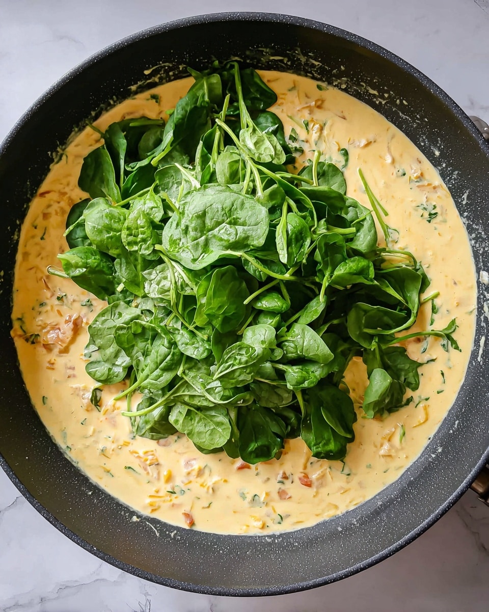 A dark pan filled with creamy yellow sauce that has small bits of orange and white within it, topped with a pile of fresh green spinach leaves mostly in the center, resting on a white marbled surface photo taken with an iphone --ar 4:5 --v 7