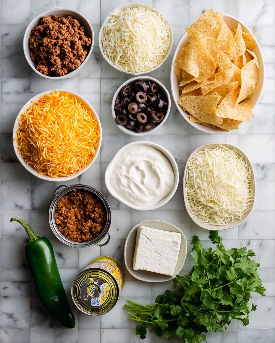 The image shows a top view of various ingredients arranged neatly on a white marbled tiled surface. There are two white bowls filled with shredded cheese, one with orange cheese and the other with white cheese, placed near the top. To the right, a small white bowl contains sliced black olives, and just below it, a white handled bowl holds tortilla chips. Near the center, a white cup is filled with sour cream. To the left, a whole green jalapeño pepper lies next to a small white bowl of cooked ground meat. Below them, a white bowl contains a brown spice mix. On the right side, a block of cream cheese sits partially unwrapped on the tiles. Two open cans, one with green chilies and the other with refried beans, are placed near the lower center. A bunch of fresh green cilantro is positioned at the bottom right corner. The overall composition is clear and organized, with a variety of colors and textures. photo taken with an iphone --ar 4:5 --v 7