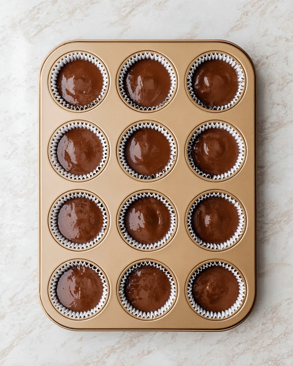 A gold-colored muffin tray holds twelve white paper liners filled with smooth, glossy chocolate batter. Each liner is nearly full, showing the rich brown color of the liquid cake mixture with slight reflections on the surface. The tray rests on a white marbled texture surface, giving a clean and bright look to the scene. The arrangement is neat and evenly spaced, with no batter spilled outside the liners. photo taken with an iphone --ar 4:5 --v 7