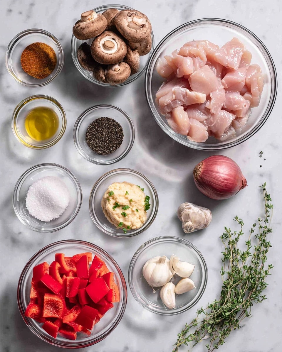 The image shows several small clear glass bowls arranged on a white marbled surface, each holding a different ingredient. In the center, there is a large bowl filled with raw, light pink chunks of chicken. To the right of the chicken, there are smaller bowls containing dark brown liquid, black pepper, chopped green herbs, and three garlic cloves with pale skins. Below the chicken, a clear bowl holds white granulated salt and a bowl with a thick light yellow paste. Left of the chicken, a bowl contains bright red pieces of bell pepper. Above the chicken, a bowl is filled with whole brown mushrooms. Near the top left corner, small bowls hold golden yellow liquid and reddish-brown spices. Fresh green thyme sprigs and a single small red onion rest directly on the white marbled surface. The scene is well-lit and clean, with a clear focus on the fresh ingredients ready for cooking; photo taken with an iphone --ar 4:5 --v 7