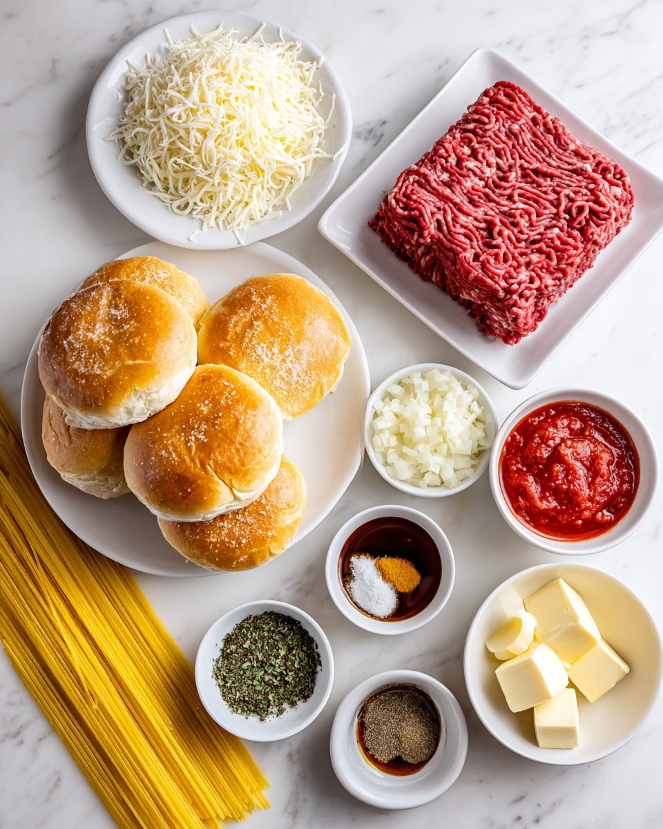The image shows all the ingredients for a dish placed on a white marbled surface. In the center, there is a white plate stacked with six golden brown kaiser rolls. Above to the left, a white plate holds a square block of red ground beef with white marbling. To the right, there are small white bowls containing red marinara sauce, chopped white onions, shredded pale yellow mozzarella, minced garlic, black salt and pepper, and green dried Italian seasoning. At the bottom, uncooked yellow noodles spread out horizontally, and a small white bowl holds several pale yellow butter cubes. Small white dishes contain dark brown Worcestershire sauce, light beige garlic powder, and green dried parsley. The colors range from bright reds and yellows to fresh greens and deep browns, all arranged neatly on the clean white marbled background. photo taken with an iphone --ar 4:5 --v 7