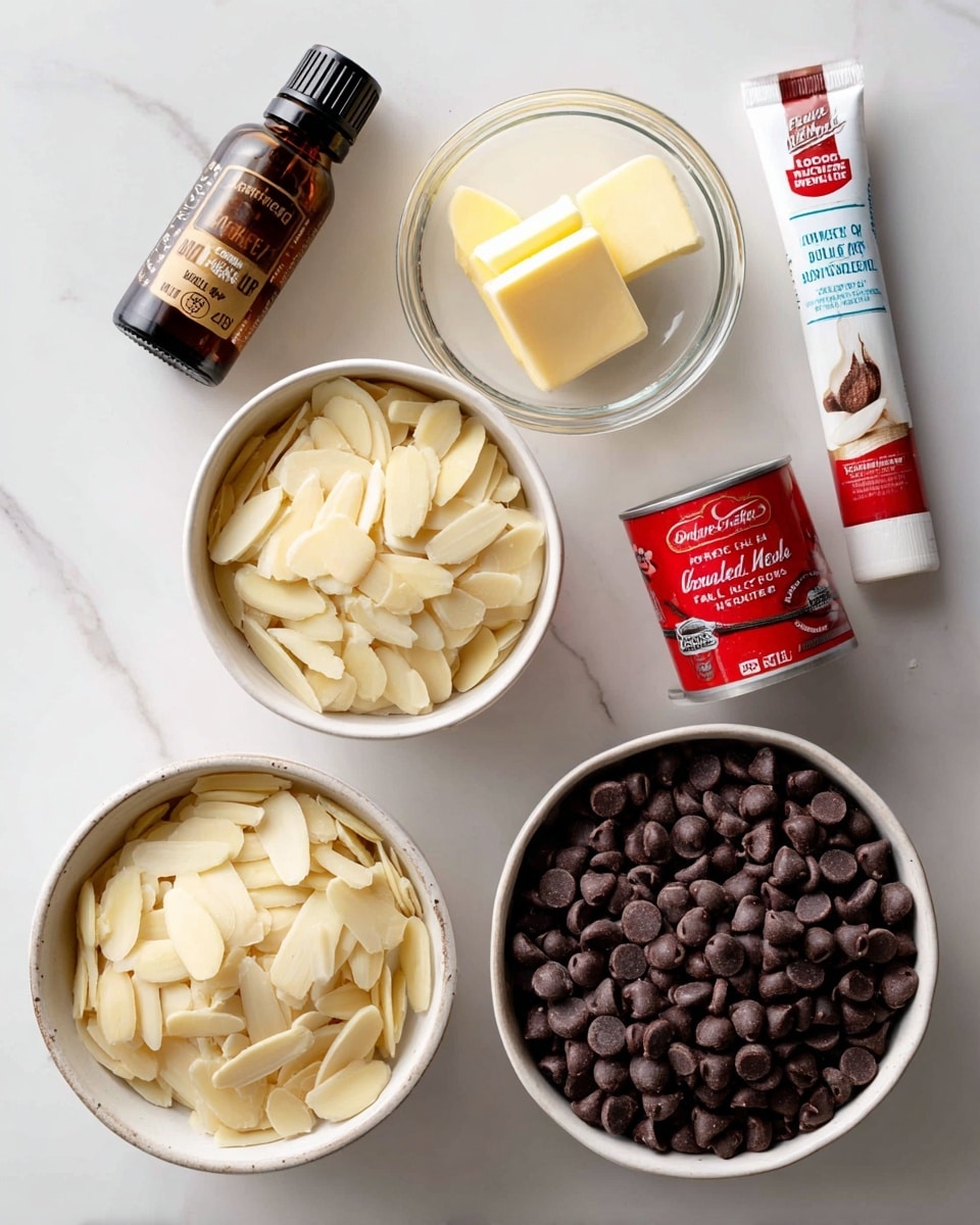 The image shows a white marbled surface with various ingredients arranged neatly: in the top left is a small brown bottle labeled almond extract, next to it is a small clear bowl with two pieces of pale yellow butter, and to the right is a white bowl filled with light beige sliced almonds. Below, toward the left, there is a white bowl filled with semi-sweet chocolate chips that are dark brown and round, and next to it is a small red and white can of sweetened condensed milk. On the right side, there is a white bowl filled with dark chocolate chips that are slightly darker and rounder than the semi-sweet ones, and above it is a tube of vanilla bean paste with white, red, and blue colors. The whole setup is bright and clean, with clear labels near each ingredient. photo taken with an iphone --ar 4:5 --v 7
