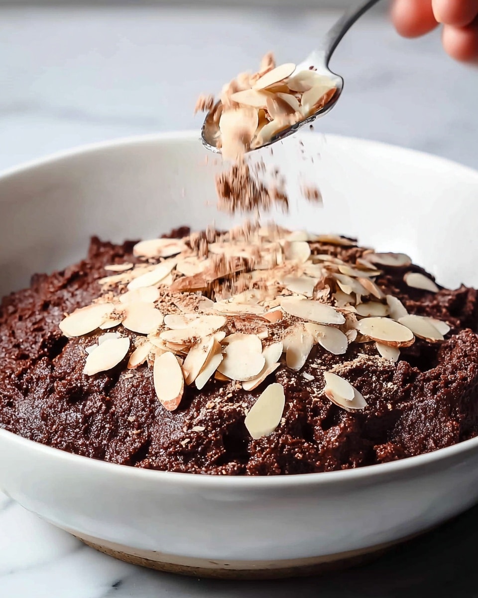 A white shallow bowl filled with a thick, dark brown chocolate mixture with a rough texture. On top, thin pale almond slices are being sprinkled, some already settled and some mid-air, falling from a spoon held by a woman's hand entering the frame from above. The bowl sits on a white marbled surface. The focus is close, showing the rich texture of the chocolate and the light, flat almond slices contrasting against it photo taken with an iphone --ar 4:5 --v 7