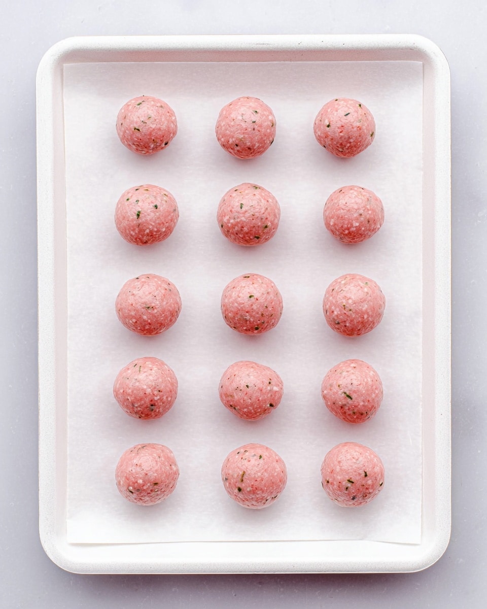 The image shows twelve small, round, raw meatballs arranged in three rows and four columns on a white tray. Each meatball is light pink with small specks of herbs and seasoning inside, creating a slightly textured look. The tray is lined with white parchment paper, and the overall scene is set against a white marbled surface, which creates a clean and simple background. The meatballs are evenly spaced and look smooth and uniform in size and shape. photo taken with an iphone --ar 4:5 --v 7