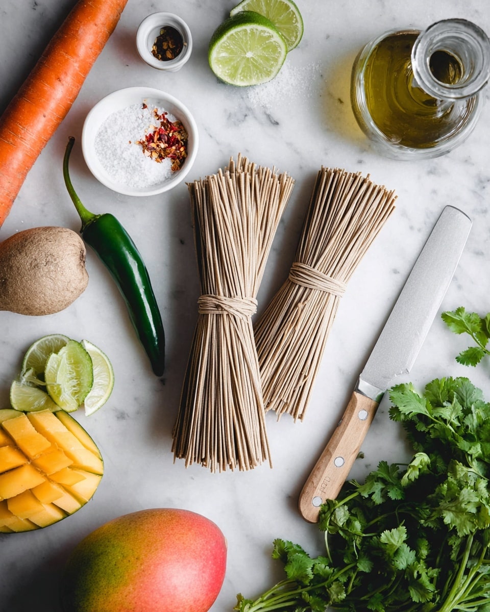 The image shows three bundles of light brown noodles placed in the center on a white marbled surface. Around the noodles, there are fresh ingredients including a whole orange carrot with rough texture on the left, a green chili pepper and a small cucumber laying nearby. On the bottom right, fresh green cilantro leaves are spread out, and above that is a colorful mango with red and yellow tones. At the top left, there is a lime cut in half, showing its pale green inside, and some more cilantro. Near the top center, there are two small white ceramic bowls, one filled with white salt and the other with red chili flakes. On the top right, there is a clear bottle of oil and beside it, a quarter lime slice. A knife with a light wooden handle and silver blade is placed on the right side of the composition. photo taken with an iphone --ar 4:5 --v 7