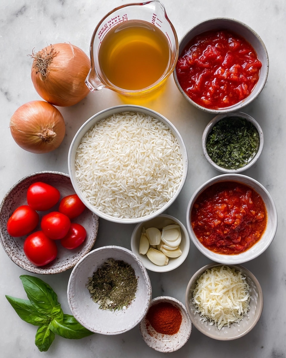 The image shows an overhead view of several white bowls arranged on a white marbled surface, each holding different cooking ingredients. There is one large bowl filled with white rice grains centered in the frame, surrounded by smaller bowls containing chopped red tomatoes in juice, a whole brown onion with loose skin, olive oil, fresh green basil leaves, peeled garlic cloves, dried mixed herbs, red ground spice, tomato paste, and finely grated white cheese. At the top is a clear measuring cup filled with light brown liquid. The bowls vary in size and texture, and all ingredients have distinct colors and textures, creating a neat, organized layout. Photo taken with an iphone --ar 4:5 --v 7