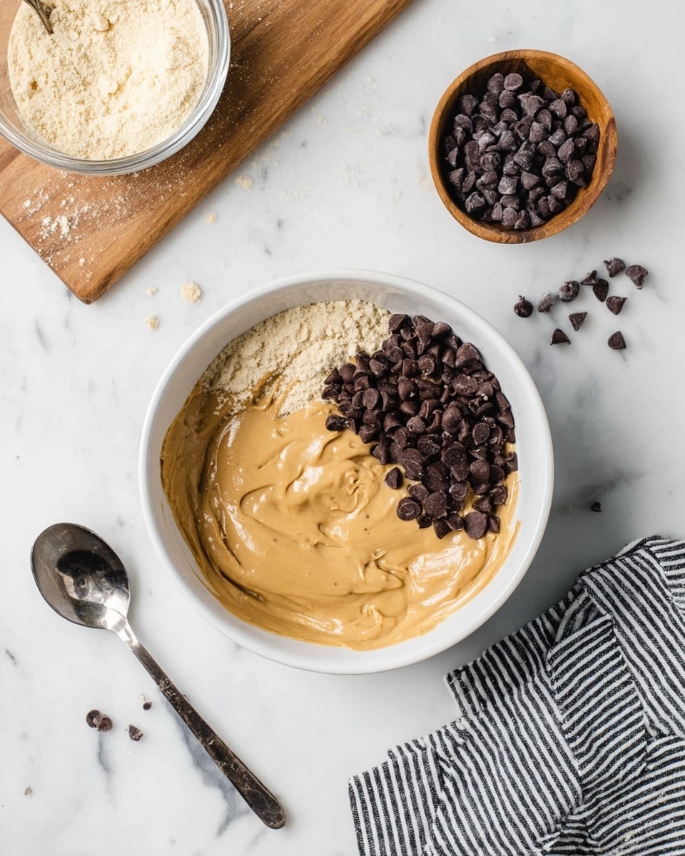 A white bowl sits on a white marbled surface, filled with three main layers: a smooth, beige peanut butter layer covering most of the bottom right, a pile of dark brown chocolate chips clustered on the top right, and a pale, powdery almond flour layer on the left side. Nearby, a small glass bowl holds a similar beige peanut butter mixture, and a small wooden bowl is filled with more dark brown chocolate chips. A small metal measuring cup with pale almond flour rests on a wooden board at the top left, beside scattered chocolate chips. A shiny silver spoon lies on the white marbled surface to the left of the bowl, and a black and white striped cloth is partially visible at the bottom right. photo taken with an iphone --ar 4:5 --v 7
