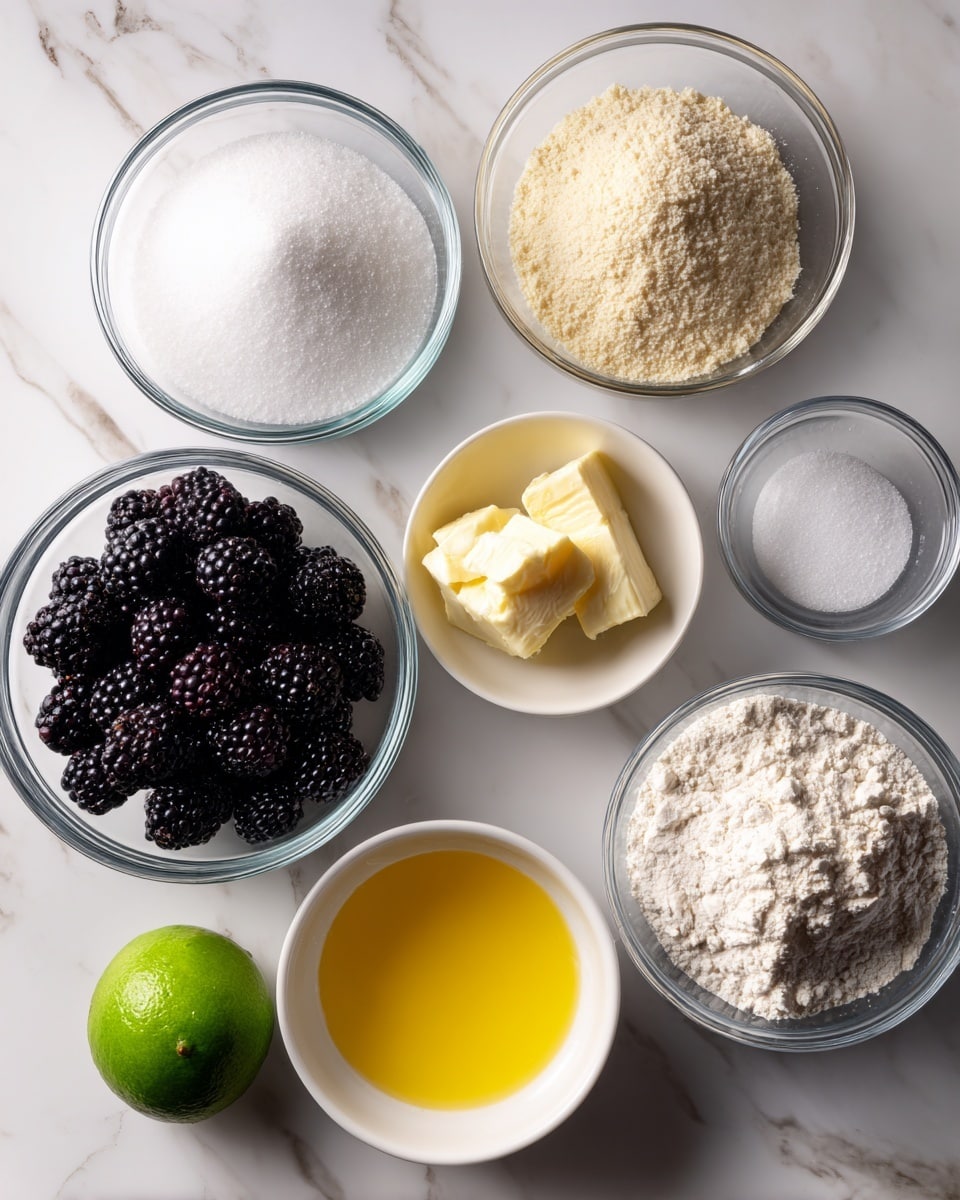 The image shows eight clear glass bowls and one whole lime, all placed on a white marbled surface. Starting from the top left is a bowl filled with white granulated sugar, to its right is a bowl with light beige almond flour, and next to it is a small bowl with fine white kosher salt. Below the sugar bowl is a bowl of dark purple blackberries with a rough texture. In the center is a white bowl holding golden brown butter with a smooth surface. Below the blackberries is a bowl with bright yellow egg whites. To the right of the egg whites is a bowl filled with white all-purpose flour, and in front of it sits a fresh lime with green rind labeled as lime zest. The items are arranged roughly in a circular pattern, all viewed from above. photo taken with an iphone --ar 4:5 --v 7