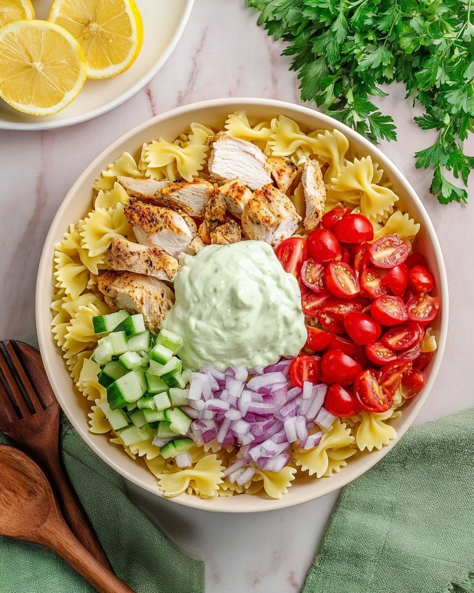 A white bowl holds a layered dish starting with a base of yellow bowtie pasta covering the bottom. On top, four sections are arranged: sliced cooked chicken with a browned edge sits at the top right; next to it on the right bottom are bright red halved cherry tomatoes; below the chicken and tomatoes is a pile of finely chopped red onion; to the left of the onion are small green cut cucumber pieces. In the center of these four sections is a dollop of creamy light green sauce. The bowl is set on a white marbled surface with fresh green parsley at the top right and a white plate with lemon halves at the top left. Wooden salad utensils and a green cloth napkin are placed to the bottom left. Photo taken with an iphone --ar 4:5 --v 7