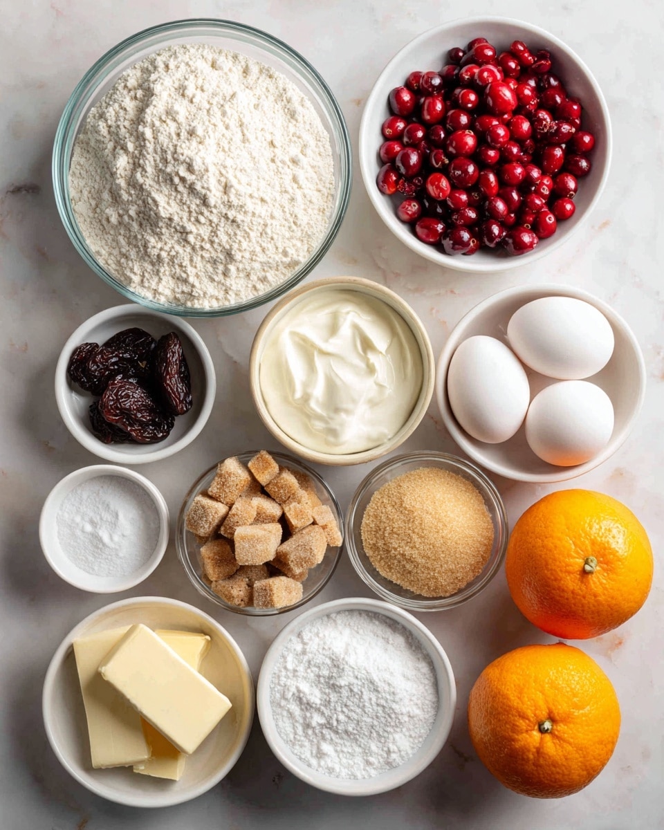 The image shows an arrangement of clear and white bowls on a white marbled surface, each holding a different baking ingredient. At the top left, a clear bowl is filled with white all-purpose flour. To the right, a white bowl contains bright red cranberries. Below the flour, a clear bowl holds smooth white sour cream, while next to it, a small clear bowl has dark prunes. To the right, three white eggs sit in a white bowl. Below these, a small clear bowl with white baking soda is placed next to another bowl with white baking powder. Small clear bowls with white kosher salt and light brown cardamom are near the center. At the bottom, a clear bowl contains clumps of light brown sugar. To the left, another clear bowl holds fine white granulated sugar, and two wrapped sticks of unsalted butter lie flat. At the bottom right, two whole oranges with bright orange skin rest directly on the surface. Each ingredient is labeled with black text above or beside its container. photo taken with an iphone --ar 4:5 --v 7