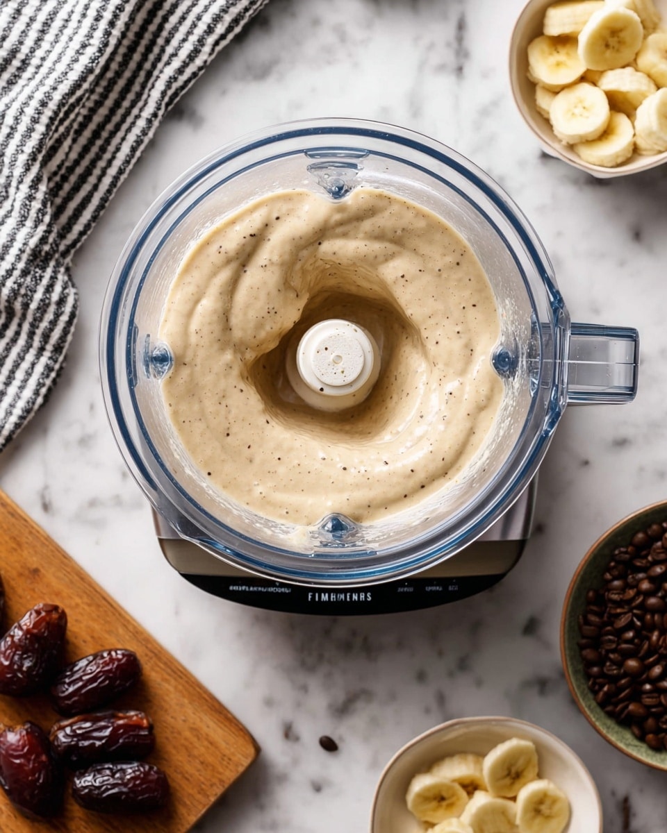 A clear blender container filled with a light beige creamy smoothie, thick and swirled at the top with small darker specks visible throughout. The blender sits on a silver base on a white marbled surface. Surrounding the blender are small white bowls, one with sliced yellow banana pieces at the bottom right, another with dark brown dates placed on a wooden board at the bottom left, and a third with dark brown coffee beans at the top left. A striped black and white cloth is near the top right corner. Photo taken with an iphone --ar 4:5 --v 7