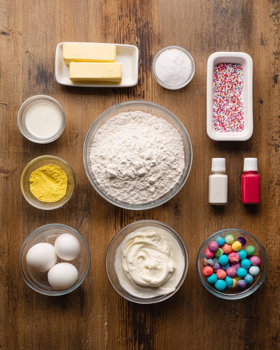 The image shows a wooden surface with many small clear bowls arranged neatly. At the center is a large bowl filled with white flour. Below it, there is a bowl of white sugar and another with raw egg whites. To the bottom right, a bowl holds smooth white frosting, and to the left of the flour, there's a bowl of milk. At the top left are two sticks of butter, and near the top center, a small bowl contains baking powder. Next to it, a tiny bowl holds yellow color powder. On the right side, a white plastic container with pink and white sprinkles stands next to two small bottles of red and pink liquid food coloring. Finally, a small glass cup filled with colorful marbles sits at the far right. The wooden texture contrasts with the white bowls and colorful ingredients, placed on a white marbled texture surface photo taken with an iphone --ar 4:5 --v 7