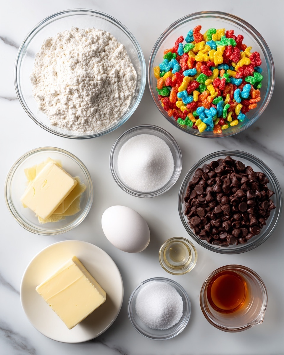 The image shows ingredients for baking arranged on a white marbled surface. There are nine clear glass bowls and a white plate holding different ingredients. Starting from the top left, a large clear bowl is filled with white flour. To its right, a similar bowl holds colorful Fruity Pebbles cereal with bright reds, yellows, blues, greens, and oranges. Below the flour, a medium clear bowl contains white sugar. Below the Fruity Pebbles and to the right, there is a clear bowl filled with dark brown milk chocolate chips. On the bottom left, a white plate holds a pale yellow stick of butter. Near the center-right, a whole white egg is placed next to a small glass cup with light brown vanilla liquid. Below the vanilla, a small clear bowl holds white baking soda, and next to it, another small bowl contains white salt. Each ingredient is labeled with black text in white boxes placed above or next to them. The photo background is bright and clean. The photo taken with an iphone --ar 4:5 --v 7