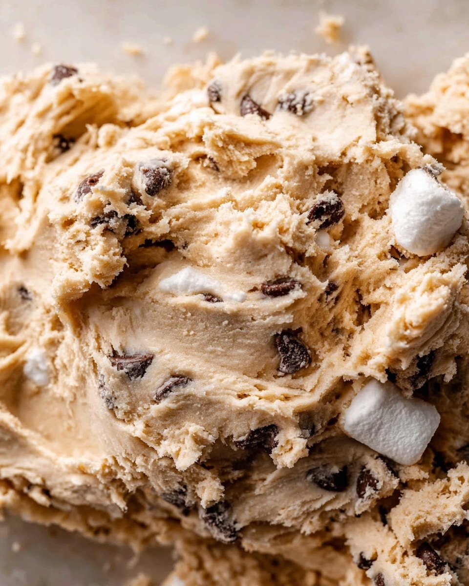 The image shows a close-up of thick, creamy cookie dough with a light tan color mixed with dark brown chocolate chips and white marshmallows. The dough has a rough, soft texture with many small folds and swirls, and small chunks of cookie pieces are visible throughout. The background has a white marbled texture, highlighting the dough's rich mixture of colors and textures. photo taken with an iphone --ar 4:5 --v 7