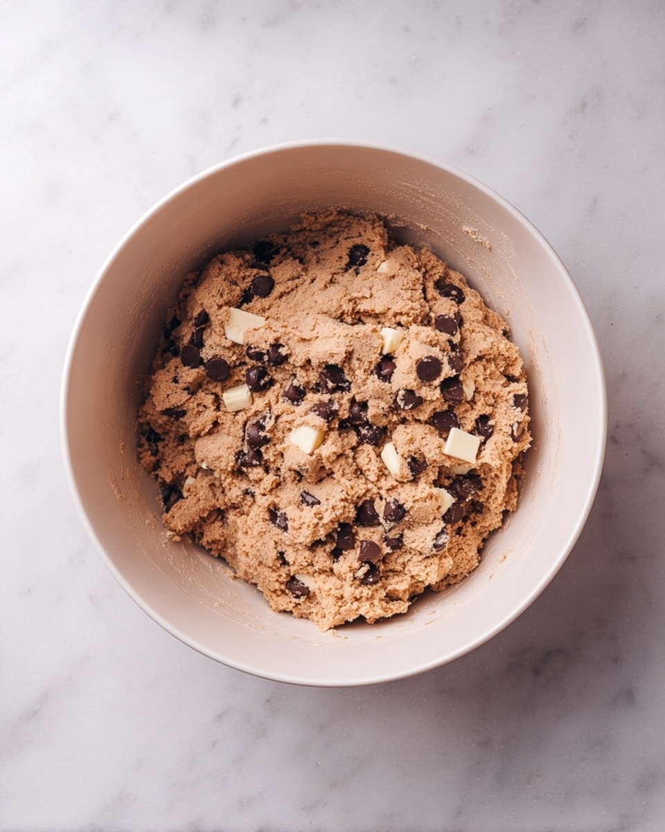 A white bowl sits on a white marbled surface, filled with thick, light brown dough mixed with small dark chocolate chips and larger white chocolate chunks spread evenly inside. The dough appears slightly crumbly but packed together across one layer in the bowl. The bowl's wide, smooth rim frames the dough inside clearly. photo taken with an iphone --ar 4:5 --v 7