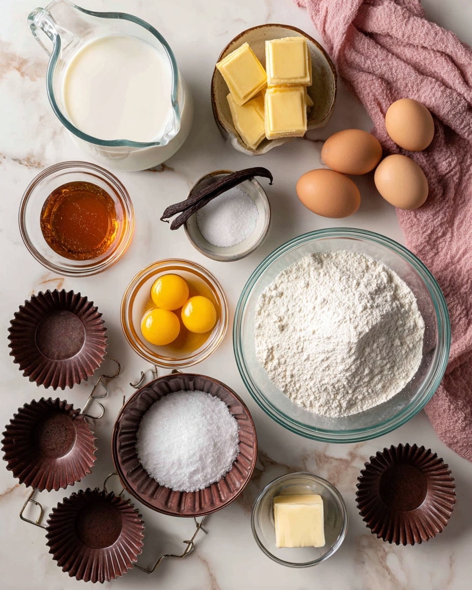 The image shows a flat layout of baking ingredients and tools on a white marbled surface. At the top left is a clear glass measuring cup filled with white whole milk, and to its right are two yellow beeswax blocks and a dark brown vanilla bean pod. Below, a small clear bowl holds a golden-brown spiced rum, and to its left is a small clear bowl with two bright yellow egg yolks. In the center is a large clear glass bowl filled with white powdered sugar, and to the right is a medium clear bowl with white flour. A tiny clear bowl with white salt is placed just above the flour. Near the bottom, two whole brown eggs rest side by side, and next to them is a small clear bowl with a pale yellow piece of butter. Scattered around the ingredients are several dark bronze metal baking molds with fluted edges, some on a cooling rack at the bottom left. A soft pink towel is folded at the top right corner. The photo taken with an iphone --ar 4:5 --v 7