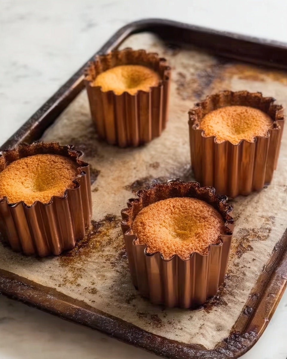The image shows four small, golden brown baked pastries, each inside a fluted, cylindrical copper mold with scalloped edges, sitting on a dark baking tray lined with a stained, slightly wrinkled parchment paper. The pastries have a slightly cracked top with a textured surface, showing a warm, inviting color gradient from light to a deeper brown. The tray is placed on a surface with a white marbled texture that softly contrasts with the darker baking tray. Photo taken with an iphone --ar 4:5 --v 7