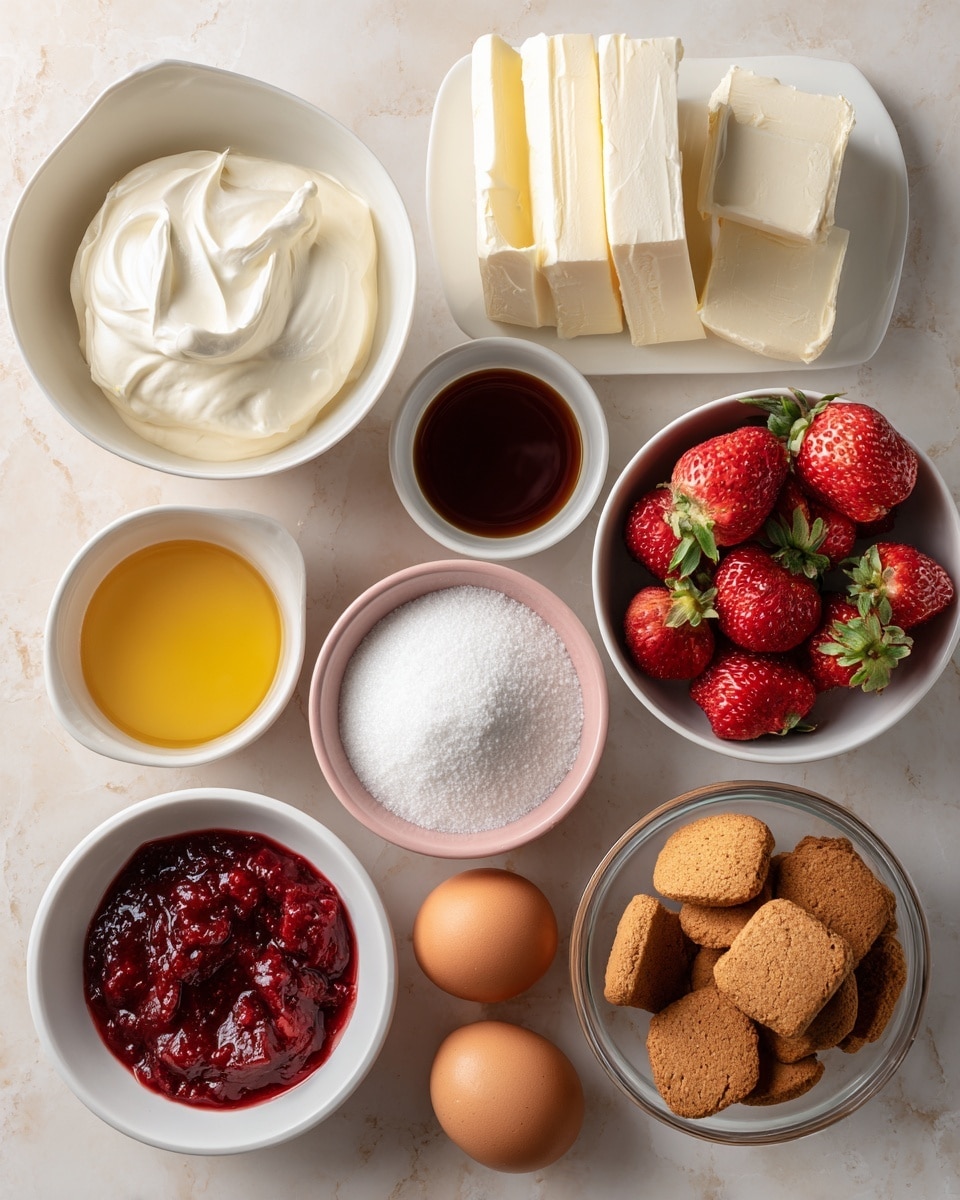 The image shows a white marbled surface with ingredients for a dessert. From top left, there is a white bowl filled with smooth, light cream labeled sour cream; next to it are two blue and white rectangular packs labeled cream cheese. Below the sour cream is a small white bowl with melted butter, golden and shiny. To its right, a white bowl holds fresh, red strawberries with green leaves still on top. Next to strawberries is a small pink bowl filled with white sugar. Above that, a white bowl contains chunky, deep red strawberry compote. On the bottom right, a clear glass bowl is full of light brown crushed cookies. In the middle bottom, two brown eggs sit side by side. To the left is a small white bowl with a dark brown vanilla extract. The scene is well-lit and neatly arranged. photo taken with an iphone --ar 4:5 --v 7