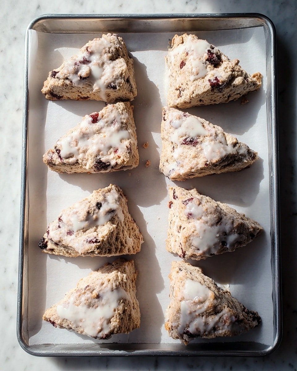 The image shows eight triangular scones arranged in two columns on a silver baking tray lined with white parchment paper, placed on a white marbled surface. Each scone has a rough, crumbly texture and a light brown color with darker spots from dried fruits or berries mixed inside. The tops of the scones are unevenly coated with a white glaze that looks slightly shiny and drips down the sides in places. The overall look is rustic and homemade, with soft natural light casting gentle shadows around the scones. photo taken with an iphone --ar 4:5 --v 7