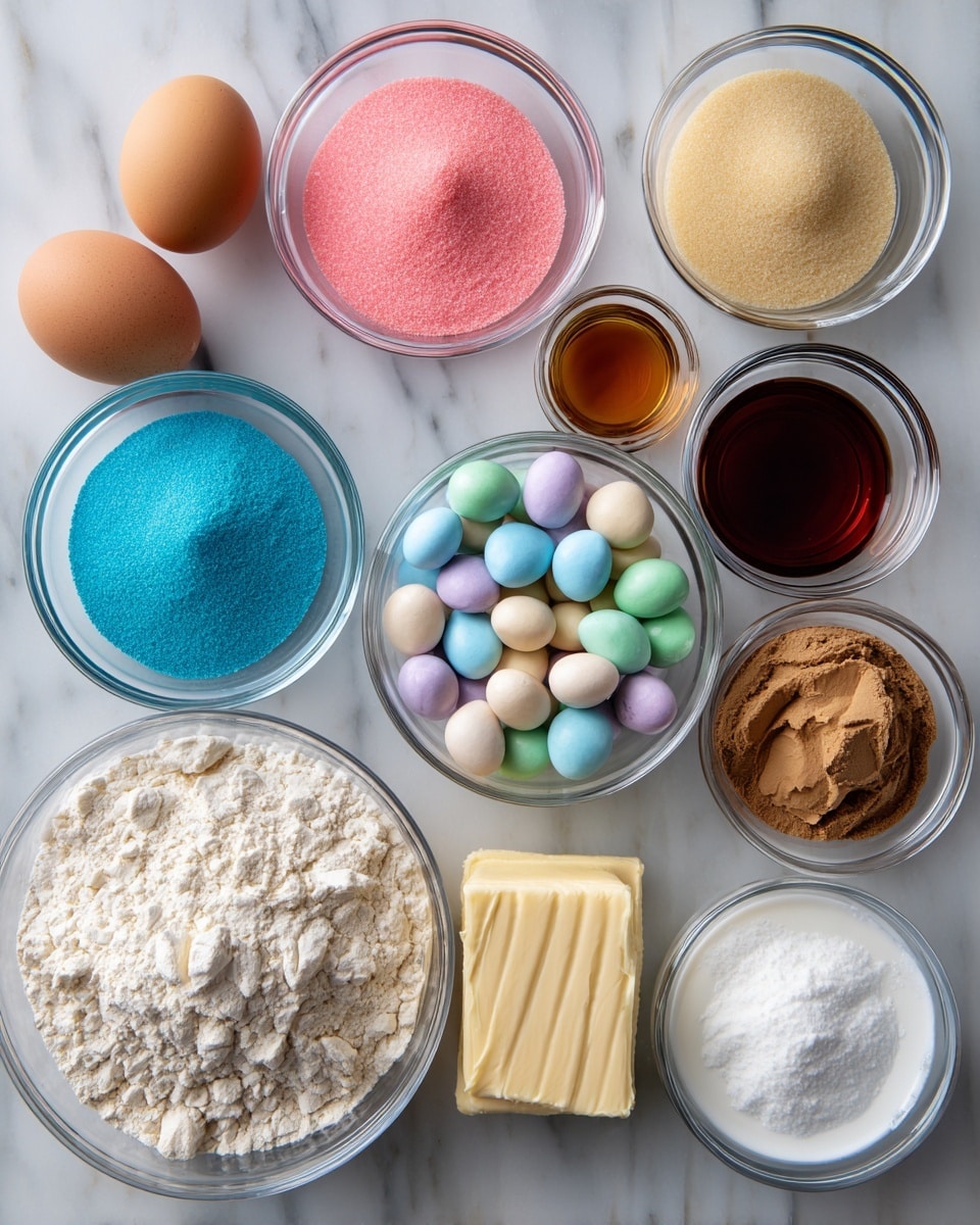 The image shows small clear glass bowls arranged in a loose grid on a white marbled surface. From top left to bottom right, there is a bowl with one brown egg, a bowl with light yellow granulated sugar, a bowl filled with bright pink sanding sugar, a bowl with blue sanding sugar, a bowl with dark brown sugar, and a bowl with white powdered sugar. There is a bowl with vanilla extract that is dark brown, a bowl with white baking soda powder, and a bowl with unsalted butter shaped into a solid block. Near the center is a bowl filled with mini Cadbury eggs in pale yellow, pale blue, white, and light brown colors. At the bottom left, a large bowl holds all-purpose flour, which is white and powdery. Next to it is a bowl with creamy light brown peanut butter, and beside that is a small bowl filled with white milk. Each bowl is labeled with clear black text on white backgrounds identifying their contents. Photo taken with an iphone --ar 4:5 --v 7