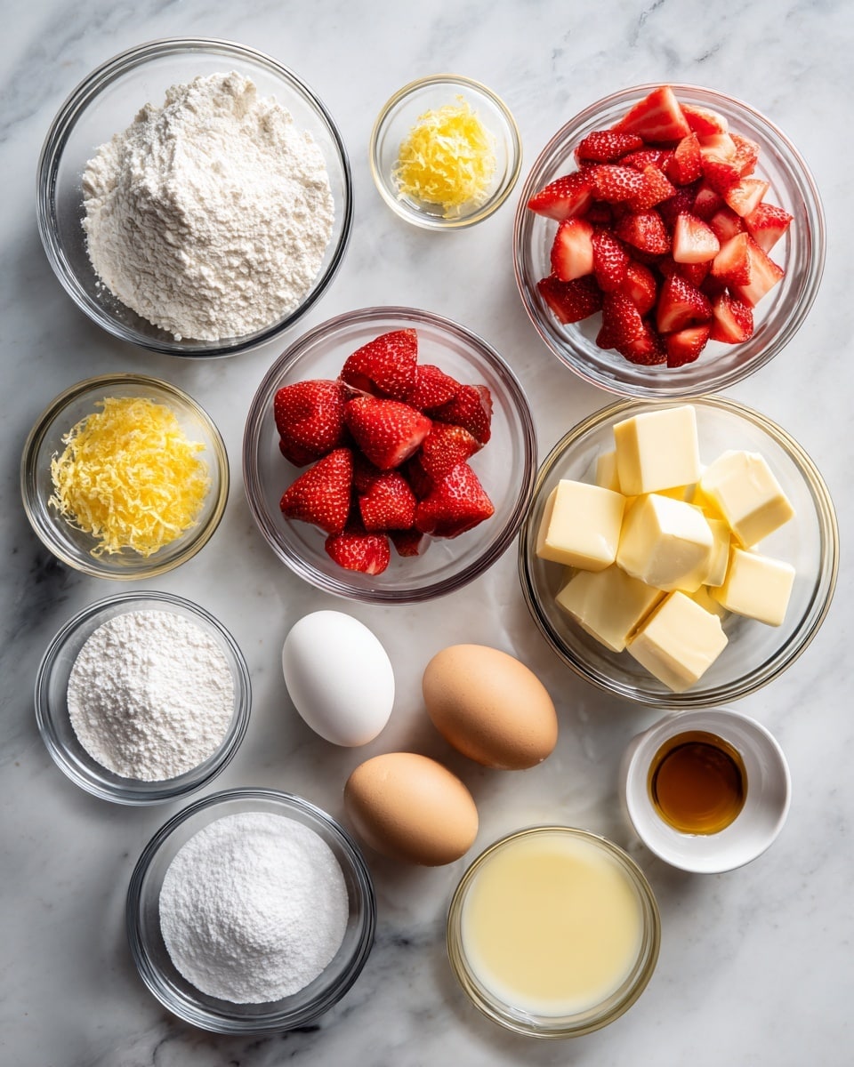 The image shows eleven small clear glass bowls arranged neatly on a white marbled surface. The top row has three bowls with white flour on the right, sugar in the middle, and chopped bright red strawberries on the left. Below the strawberries, there is a bowl with small yellow lemon zest. Below the flour and sugar are four more bowls holding yellow cubes of butter, two light brown eggs, white sour cream, and a small bowl with light yellow lemon juice. Below these, there are three smaller bowls showing white powdered sugar in the middle, white baking powder on the left, a tiny bowl with light brown vanilla extract to the right, and a small bowl of salt near the vanilla. Each ingredient is labeled with bold black text on a white background above or beside each bowl. Photo taken with an iphone --ar 4:5 --v 7