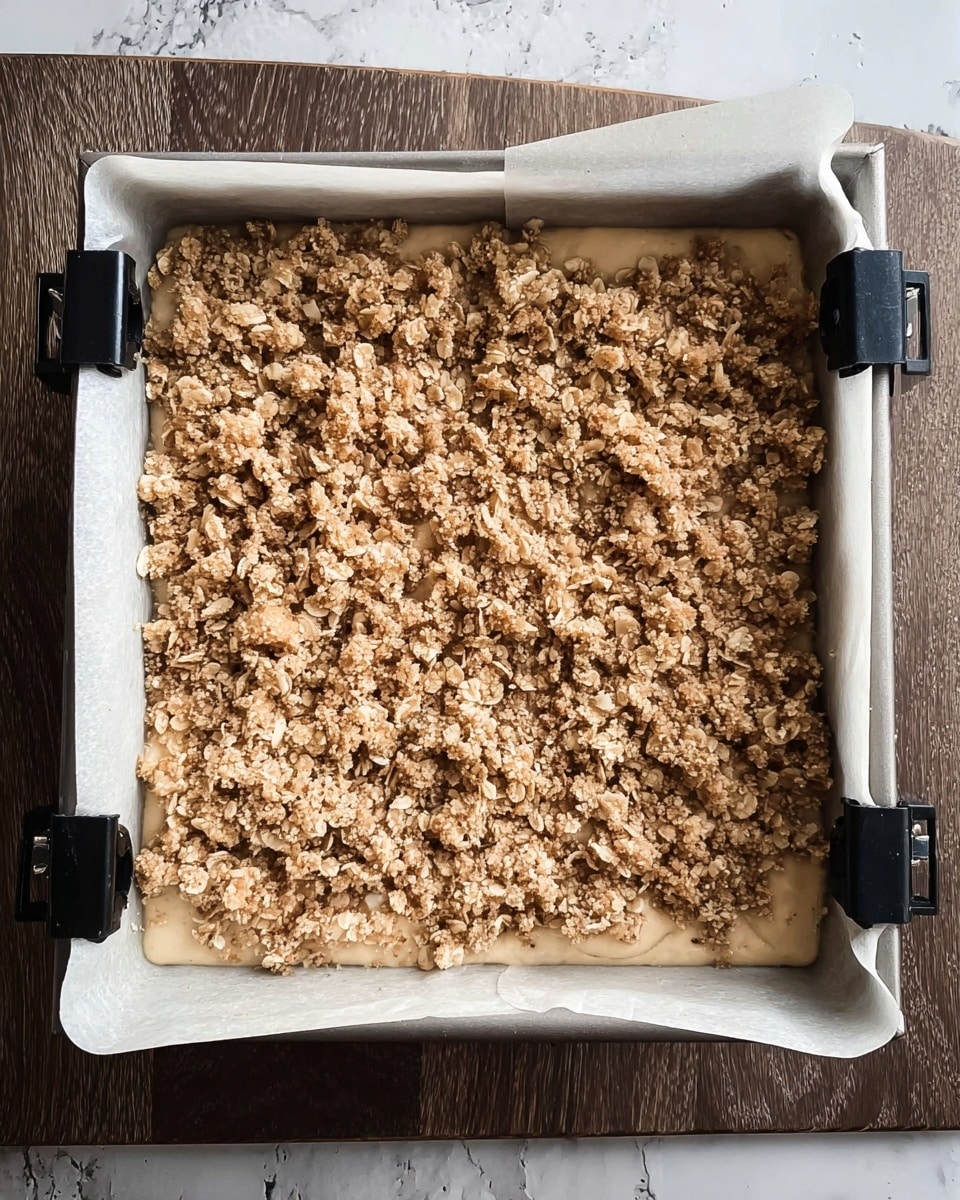 A square baking pan lined with white parchment paper holds an unbaked dessert with two main layers: the bottom layer is a light beige batter that fills the pan evenly, and the top layer is a crumbly oat mixture with a golden brown color and uneven texture, covering the batter completely. The pan is held together at the edges by four black binder clips, and the pan sits on a dark wooden surface replaced by a white marbled texture. Photo taken with an iphone --ar 4:5 --v 7
