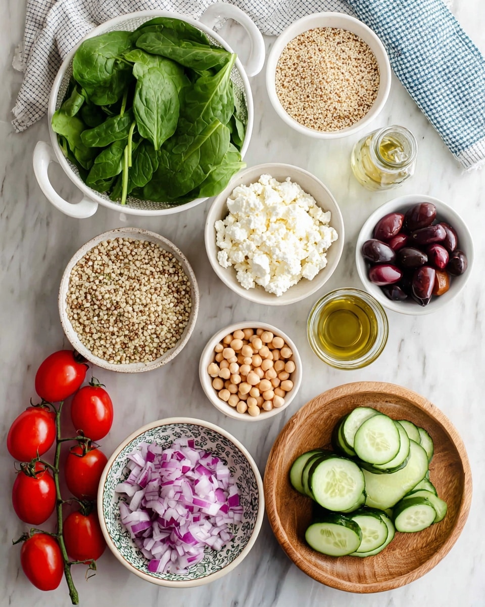 The image shows an arrangement of fresh salad ingredients on a white marbled surface. In a white colander to the top left, there are bright green spinach leaves with smooth texture. To its right, a small clear glass bowl holds soft white crumbled cheese. Below the cheese, a white bowl is filled with small, pale quinoa grains. Next to it, a tiny glass bowl contains light beige chickpeas. Below, a patterned white bowl holds finely chopped purple-red onions, creating a colorful contrast. In the center, a small wooden plate features green cucumber slices with visible seeds and fresh texture. To the bottom right, a natural wooden bowl contains small, light brown pine nuts. A cluster of shiny red grape tomatoes still on the vine is placed on the left side of the image, with their smooth skin and green stems visible. A small beige bowl of dark purple sliced olives and a tiny jar with light golden salad dressing complete the ingredients. A white and blue checkered cloth peeks out from the top. Photo taken with an iphone --ar 4:5 --v 7