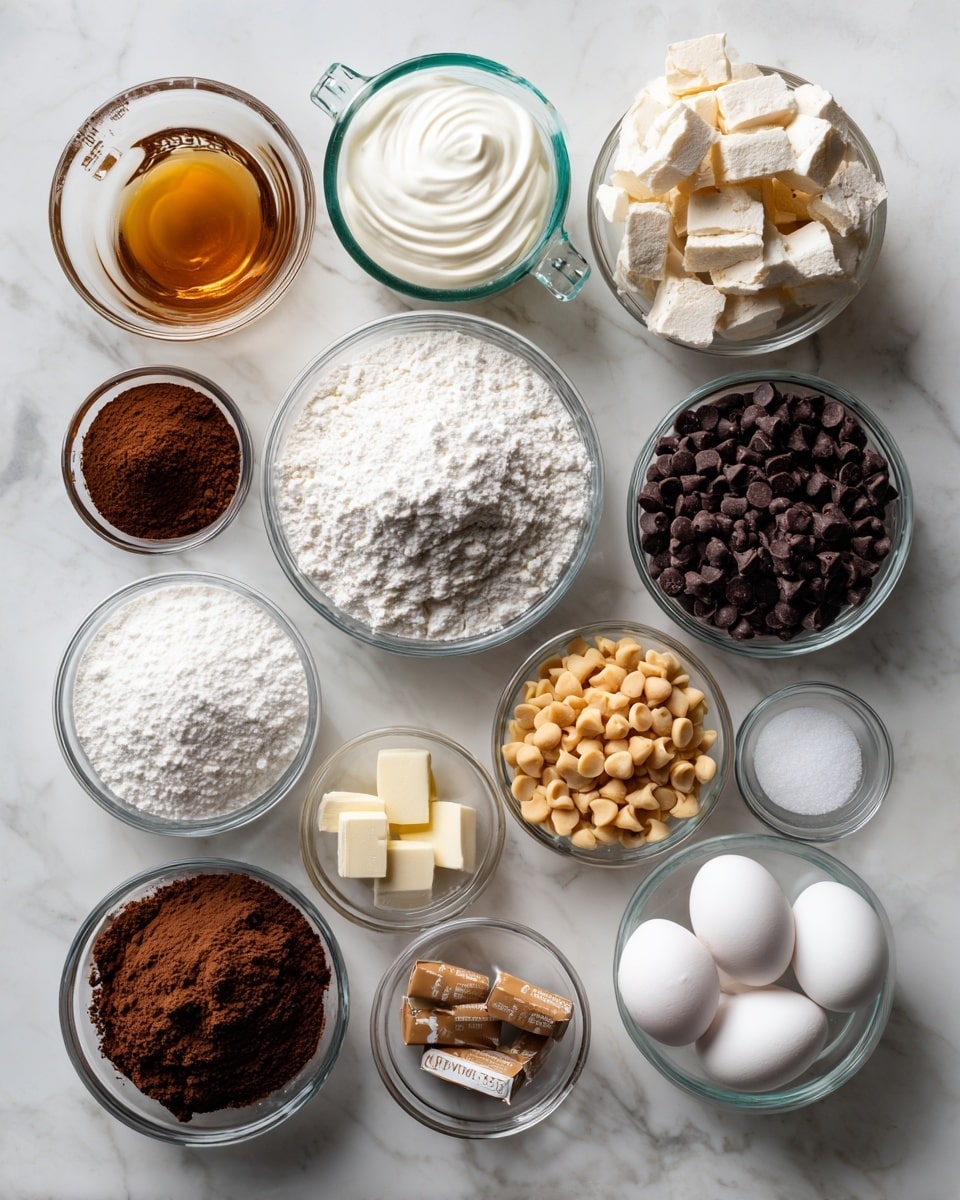 The image shows an arrangement of baking ingredients on a white marbled surface, each in separate clear glass bowls or containers. There are twelve main items: heavy whipping cream in a small measuring cup with a handle, vegetable oil in a similar cup, cocoa powder in a small round bowl with a dark brown powdery texture, chocolate chips that are glossy and dark, a bowl of white granulated sugar, a bowl of white all-purpose flour, a bowl with two white eggs, a bowl with powdered sugar that is fine and white, peanut butter chips which are small and light brown, water in a small clear bowl, salt in a very small round bowl, and two small packets of gelatin in brown paper wrappers. Each item is neatly spaced and labeled with bold text. Photo taken with an iphone --ar 4:5 --v 7