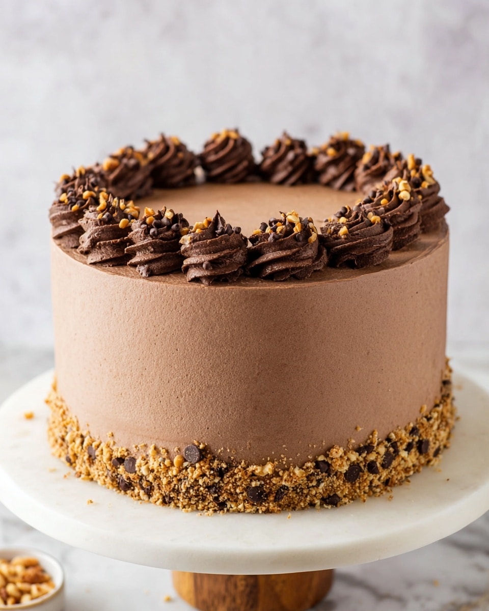 The image shows a tall chocolate cake with smooth, light brown frosting covering the whole cake evenly. Around the top edge, there is a ring of thick, swirled chocolate frosting decorated with small pieces of crushed nuts and chocolate bits. The base of the cake is surrounded by a layer of crushed nuts and chocolate bits spread evenly along the bottom edge. The cake sits on a white marble cake stand with a wooden base, placed on a white marbled surface. Photo taken with an iphone --ar 4:5 --v 7