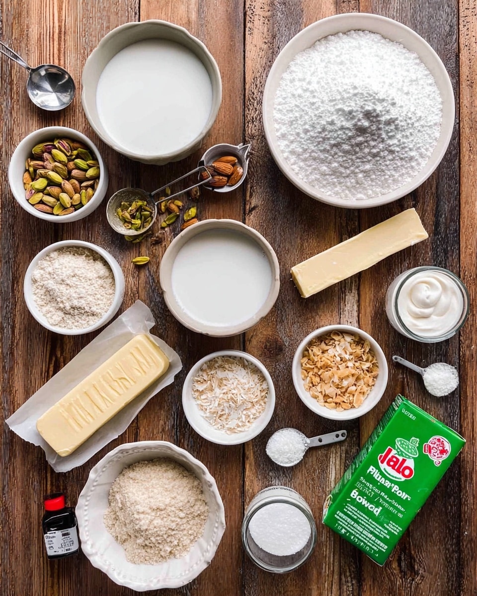 A top-down view shows various small white bowls and containers placed neatly on a wooden surface, each holding different baking ingredients. There is a large white bowl filled with white powdered sugar at the top right, a round white bowl with white liquid (likely cream) below it, and small white bowls with light brown sugar, shredded coconut, and white flour scattered around. Slivered almonds, crushed pistachios, and a small white container of clear milk are also visible. A stick of butter with measuring text and a green box of pistachio Jell-O powder sit near the center. There are small measuring spoons with white powder, and a small black bottle with a red cap, probably vanilla extract. The image has a clean, organized look with all the ingredients ready to use. Photo taken with an iphone --ar 4:5 --v 7